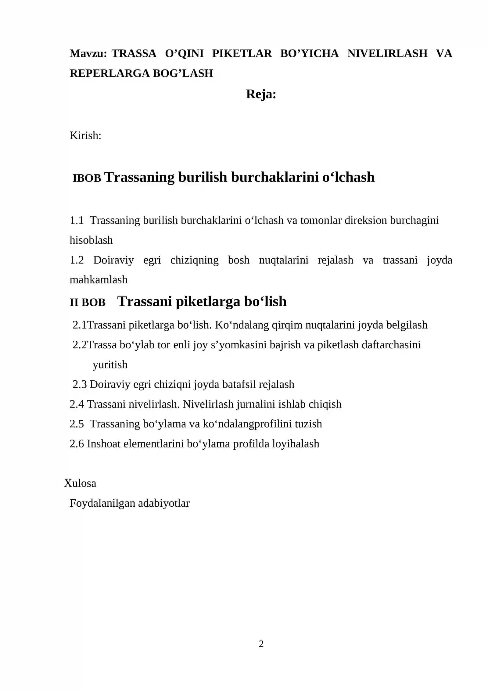 TRASSA O’QINI PIKETLAR BO’YICHA NIVELIRLASH VA REPERLARGA BOG’LASH 2
