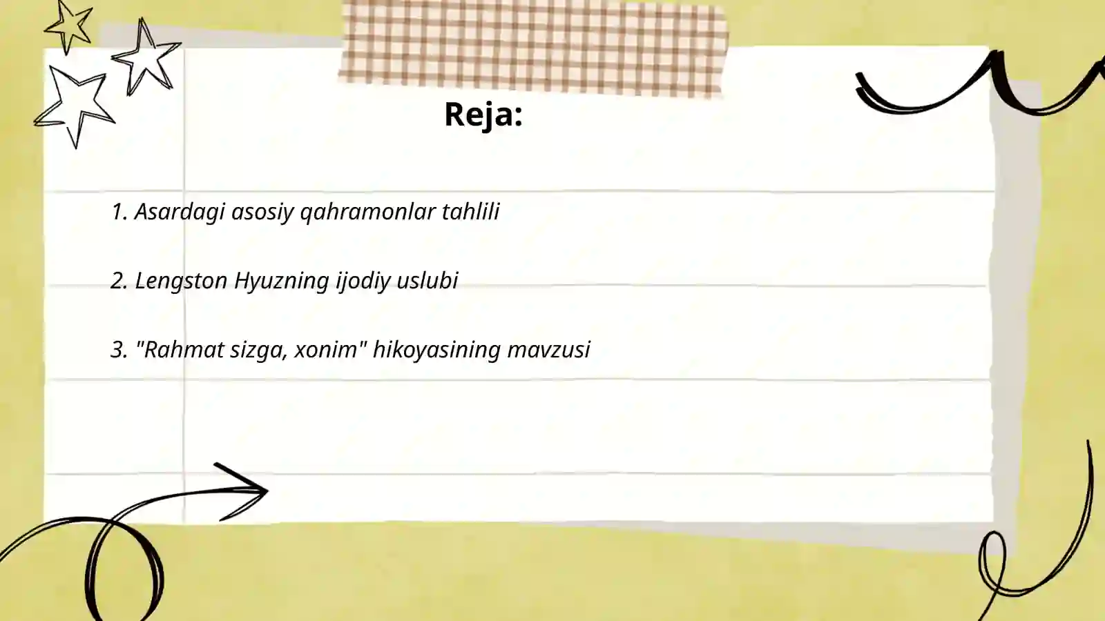 Lengston Hyuz: «Rahmat sizga, xonim» hikoyasi: Asar qahramonlari tavsifi 2