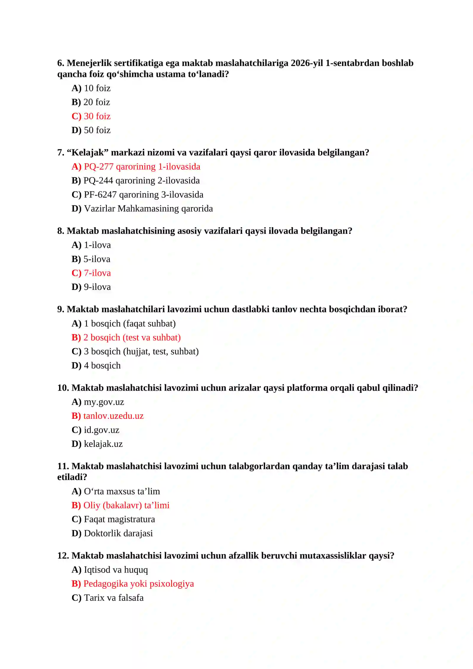 MAKTAB MASLAHATCHISI LAVOZIMI UCHUN TEST SAVOLLARI TO‘PLAMI 2