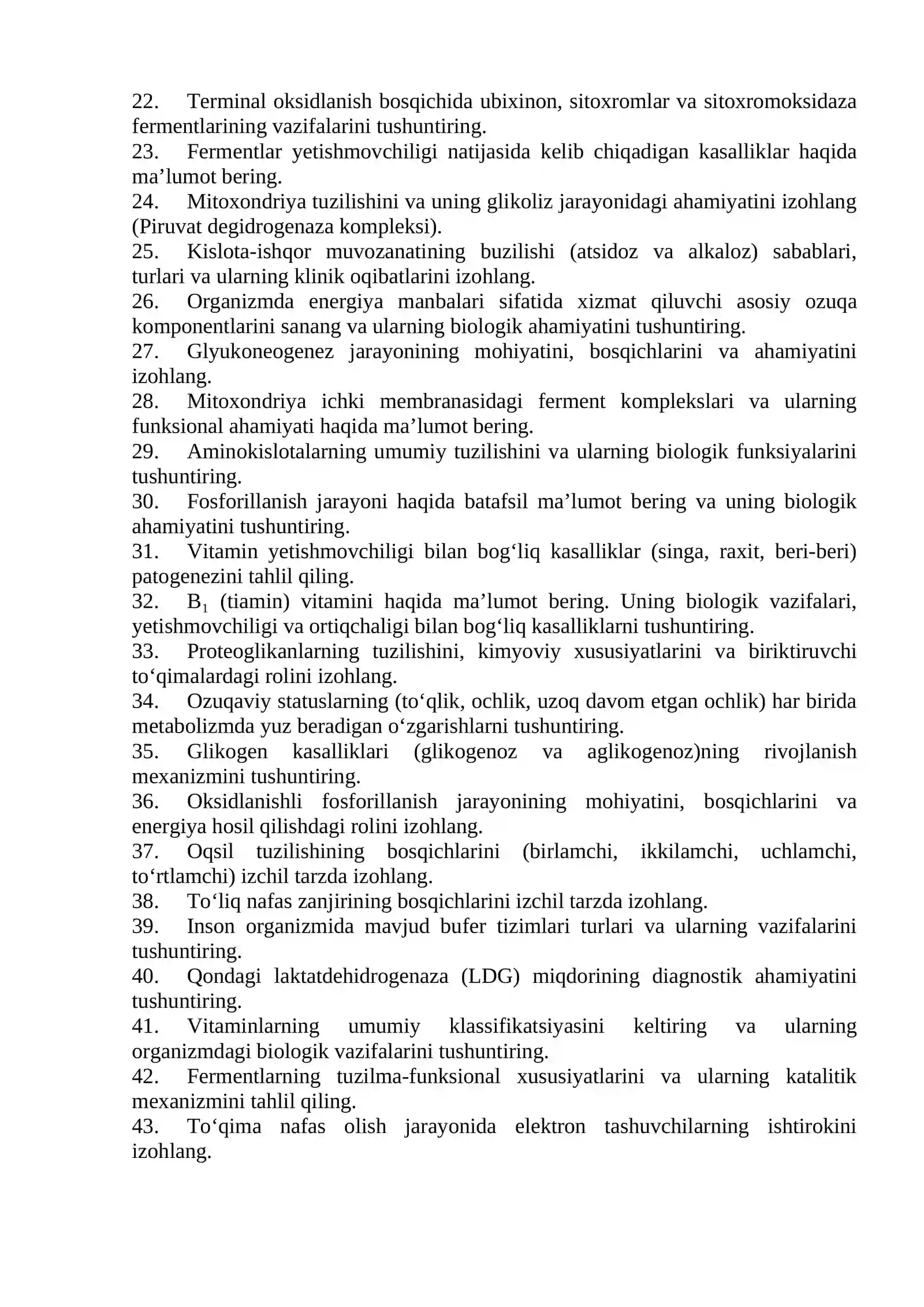 Biologik kimyo farmatsevtika kafedrasi Biokimyo fanidan yakuniy nazorat savollari 2