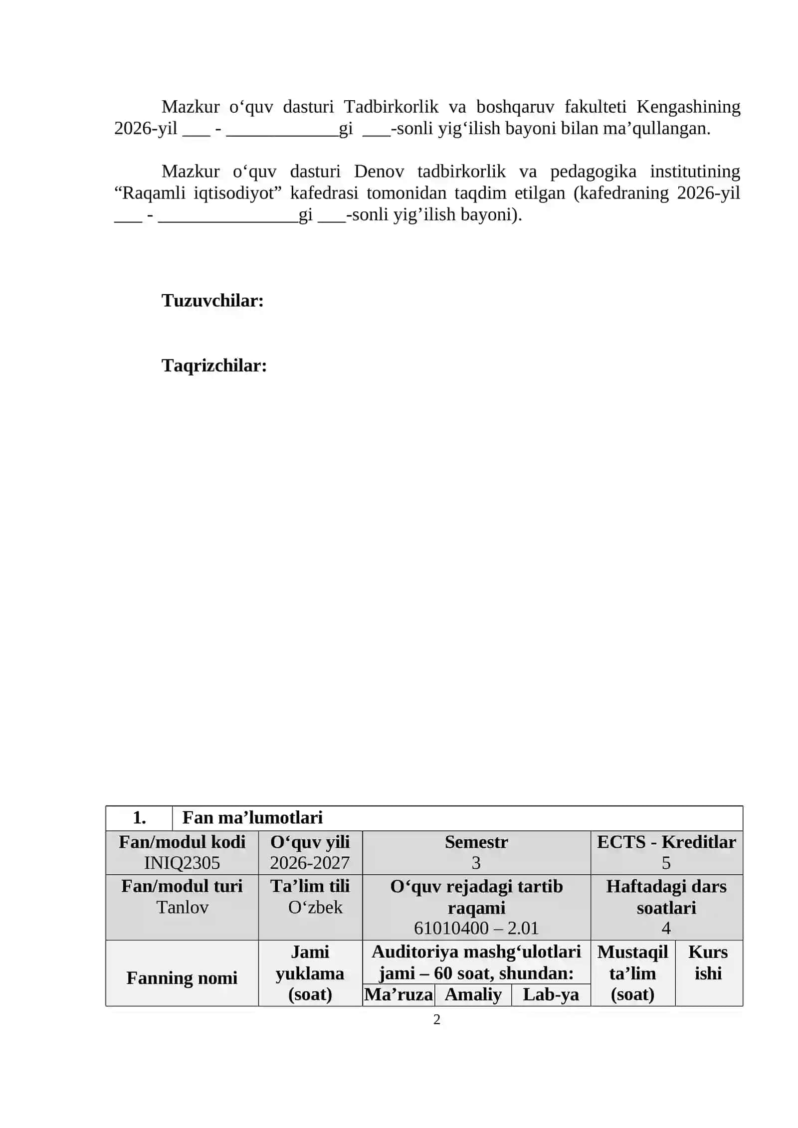 INNOVATSION IQTISODIYOT - O‘QUV DASTURI 2