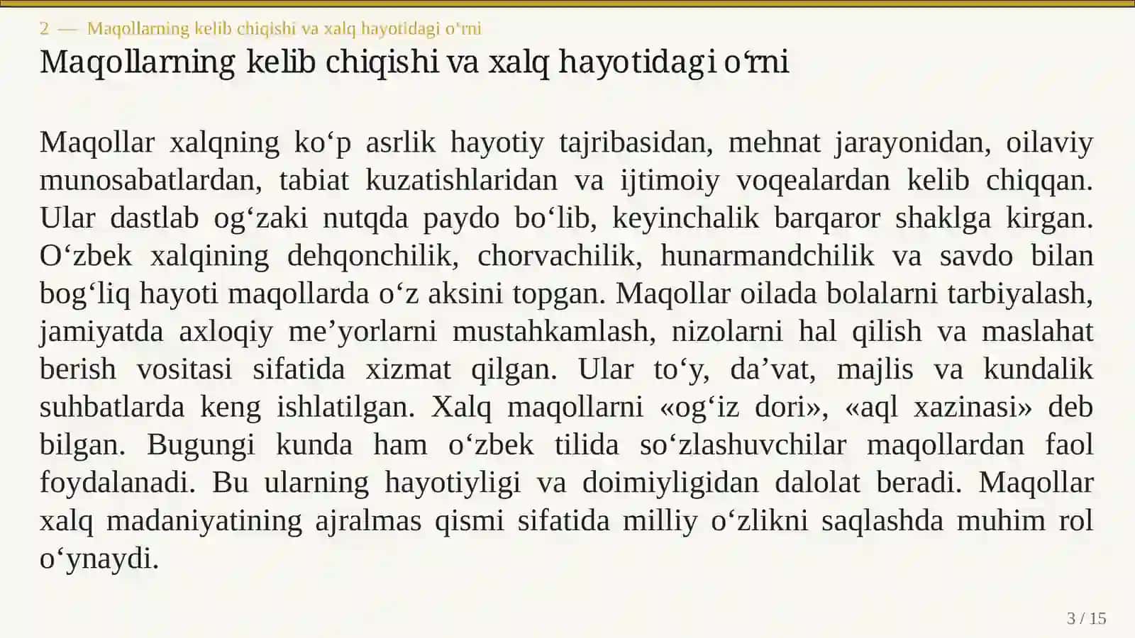 O‘ZBEK XALQ IJODIDA MAQOL VA MATALLARNING BADIIY XUSUSIYATLARI 3