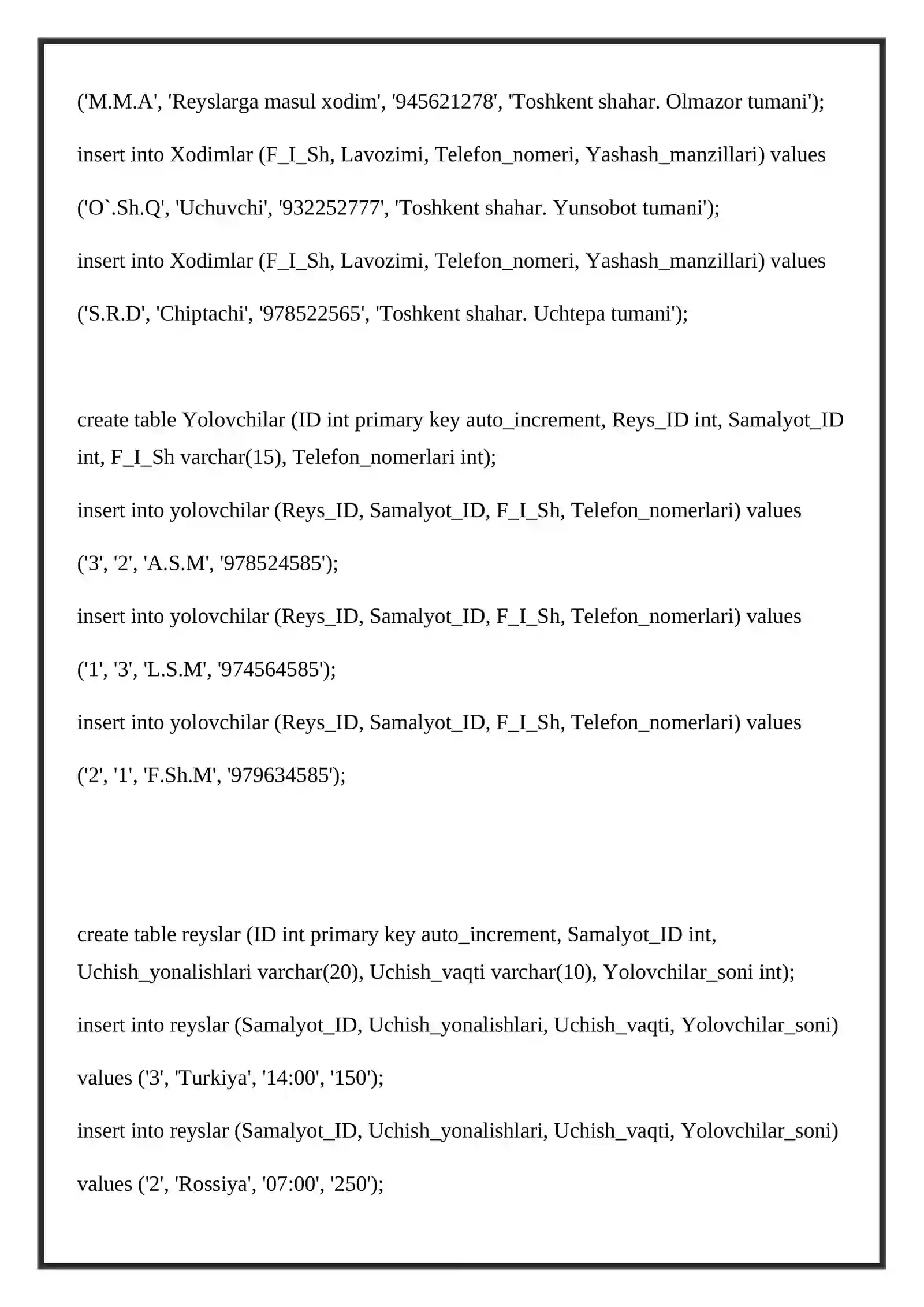 Ma'lumotlar bazasini loyihalash, SQL yordamida ma'lumotlar bazasini yaratish 3