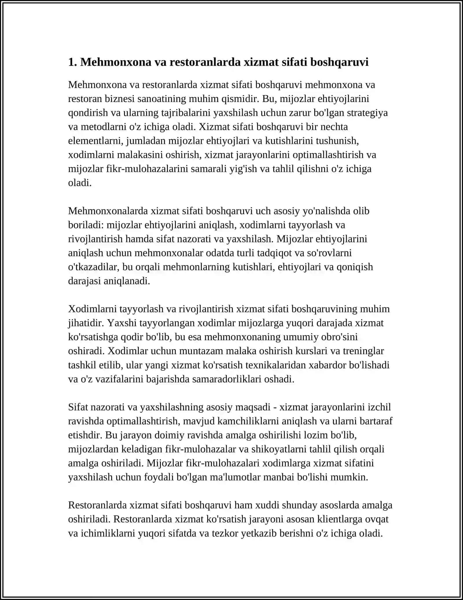 Mehmonxona va restoran boshqaruvining sifati 3