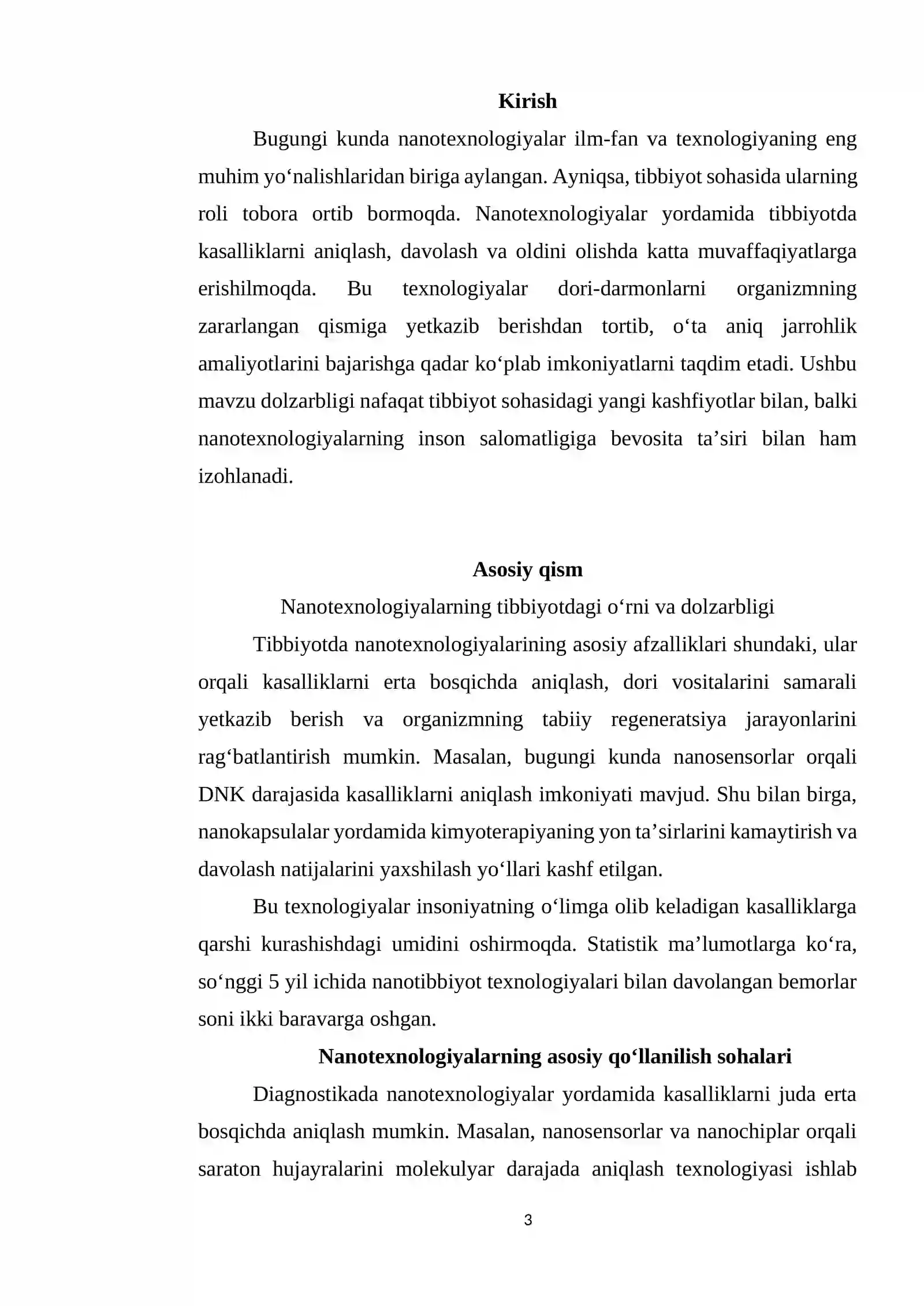 Bugungi kun tibbiyotining turli sohalarida nanotexnologiyalardan foydalanishning asosiy sabablari hamda uning natijalari 3