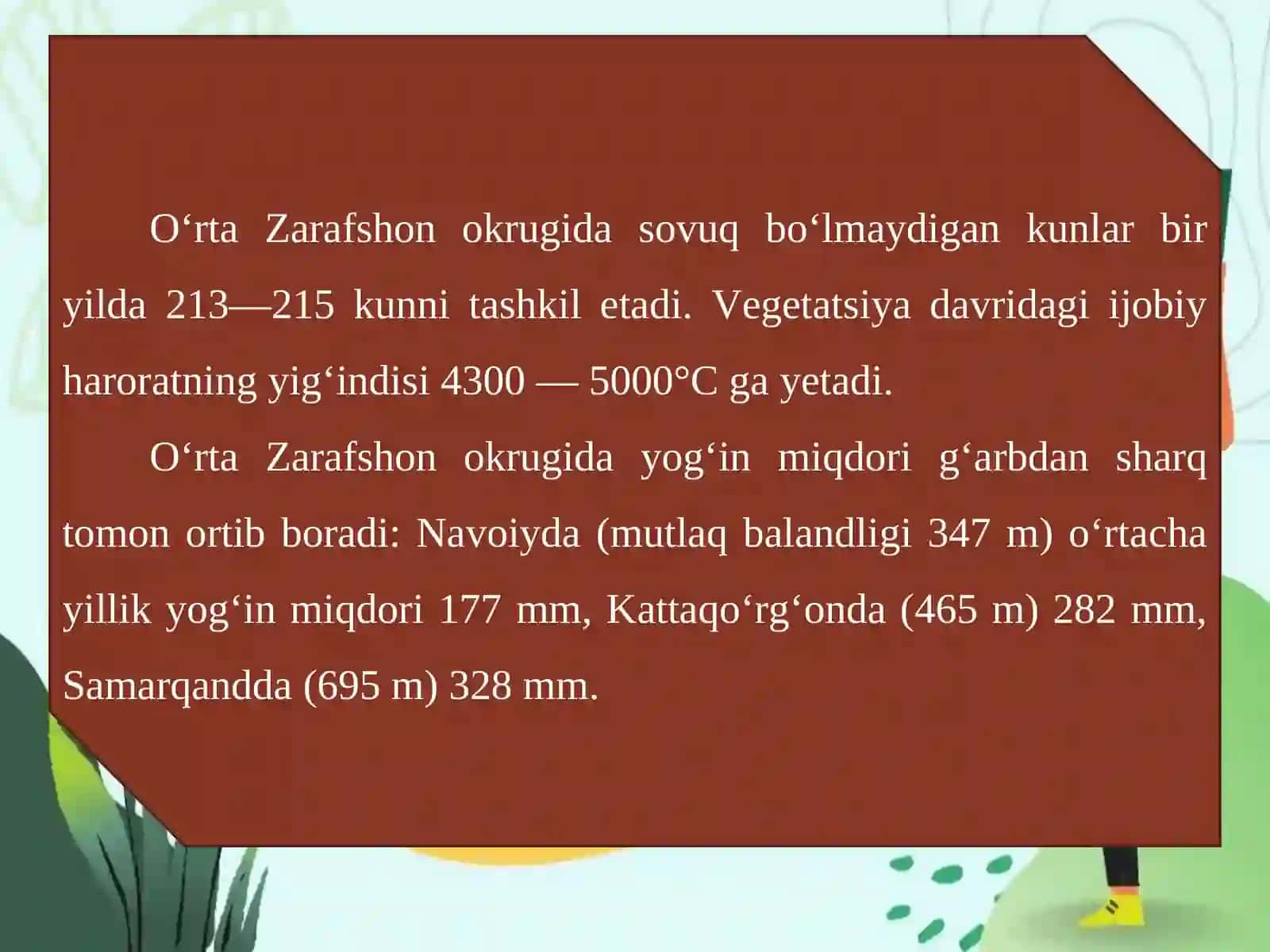O’rta Zarafshon iqlimi, ichki suvlari, tuproqlari, o‘simlik qoplami va hayvonot dunyosi 3