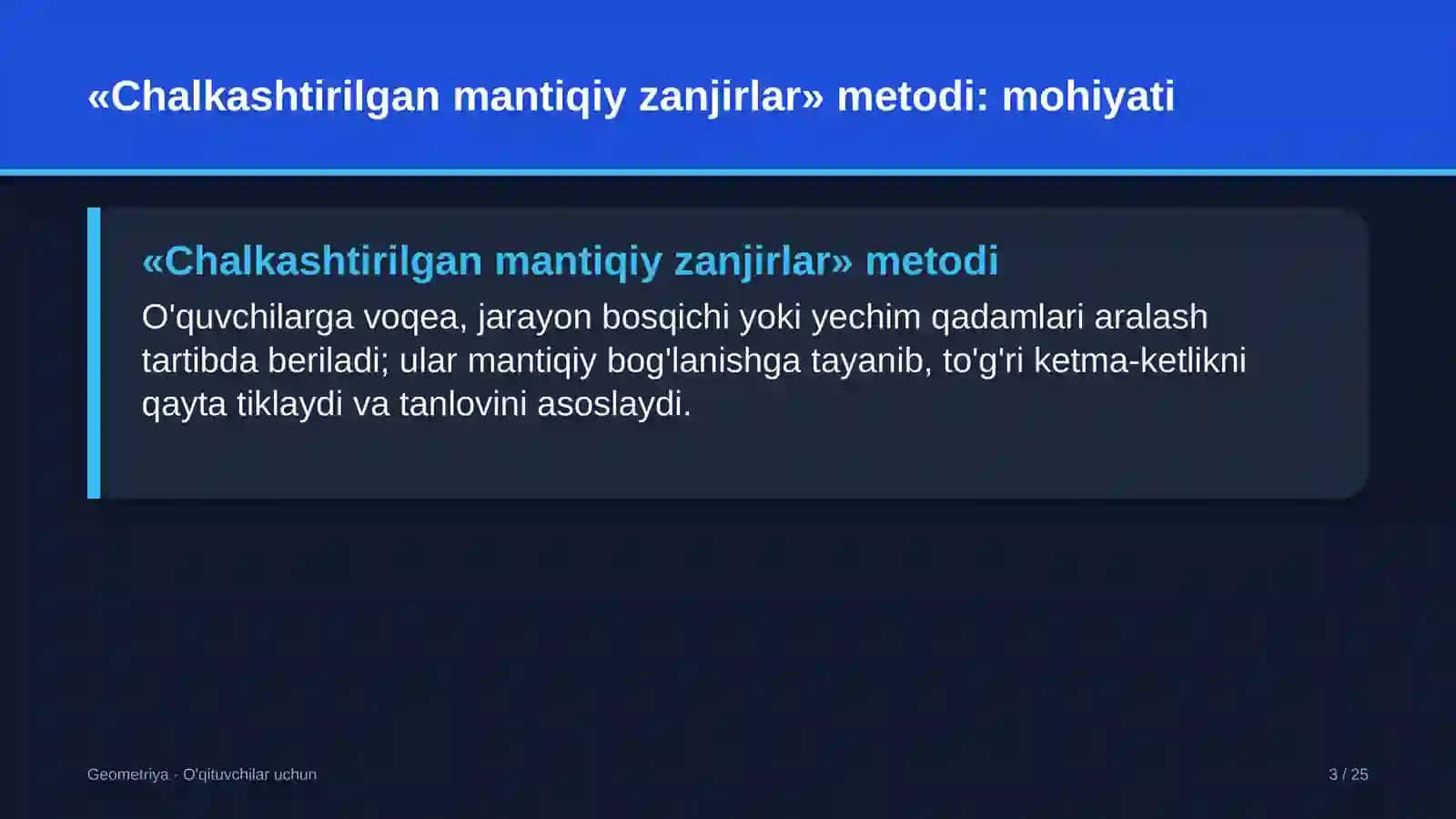 geometriya darslarida chalkashtirilgan mantiqiy zanjirlar metodidan foydalanish 7342 3
