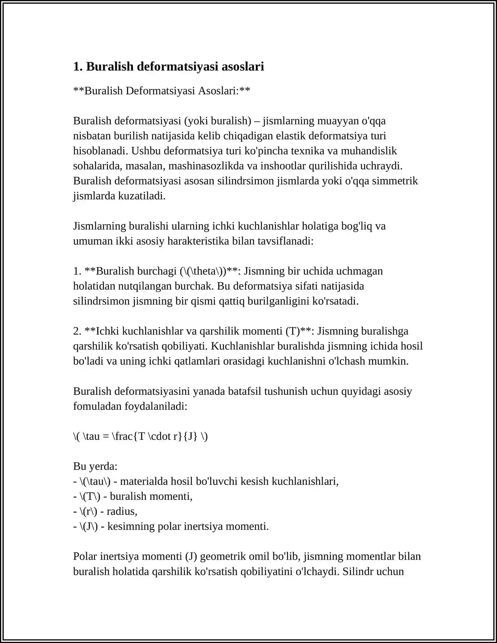 BURALISH DEFORMATSIYASI. BUROVCHI MOMENTNI HISOBLASH VA EPYURASINI QURISH 3