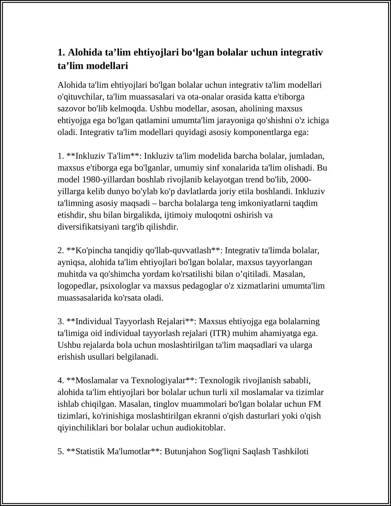 Alohida ta'lim ehtiyojlari bo‘lgan bolalar uchun integrativ ta'lim modellari 3