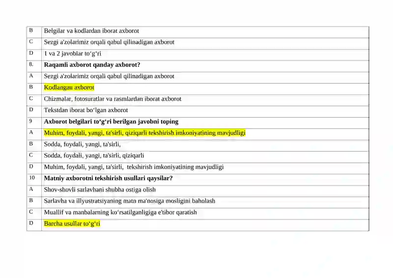 "MEDIASAVODXONLIK VA AXBOROT MADANIYATI”   FANI BO‘YICHA  BAKALAVRIAT TA’LIM YO‘NALISHLARI UCHUN  TEST SAVOLLARI 3