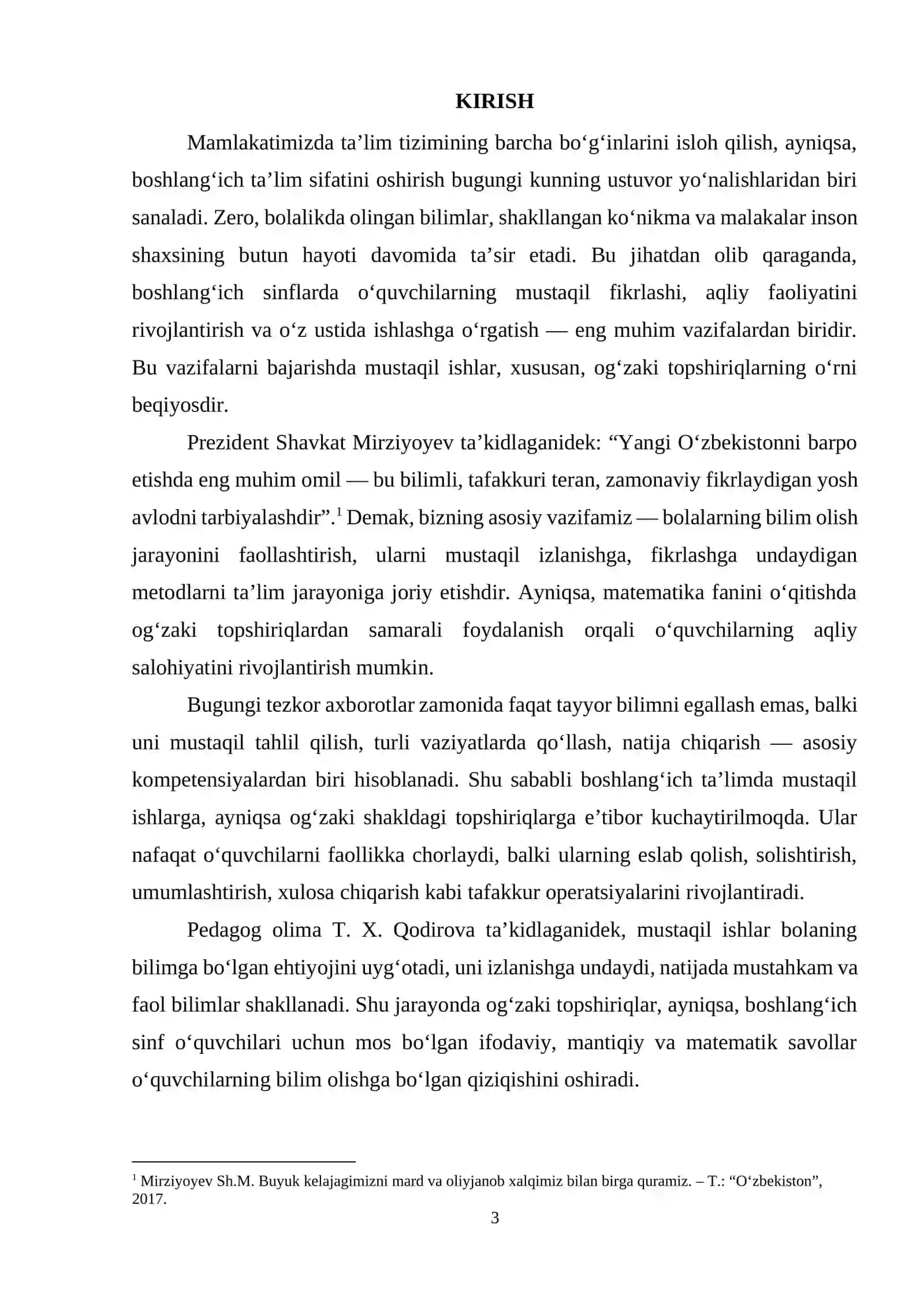 Boshlangʻich sinfda matematikadan mustaqil ishlarni tashkil etishda ogʻzaki topshiriqlardan foydalanish metodikasi (3-sinf misolida) 3