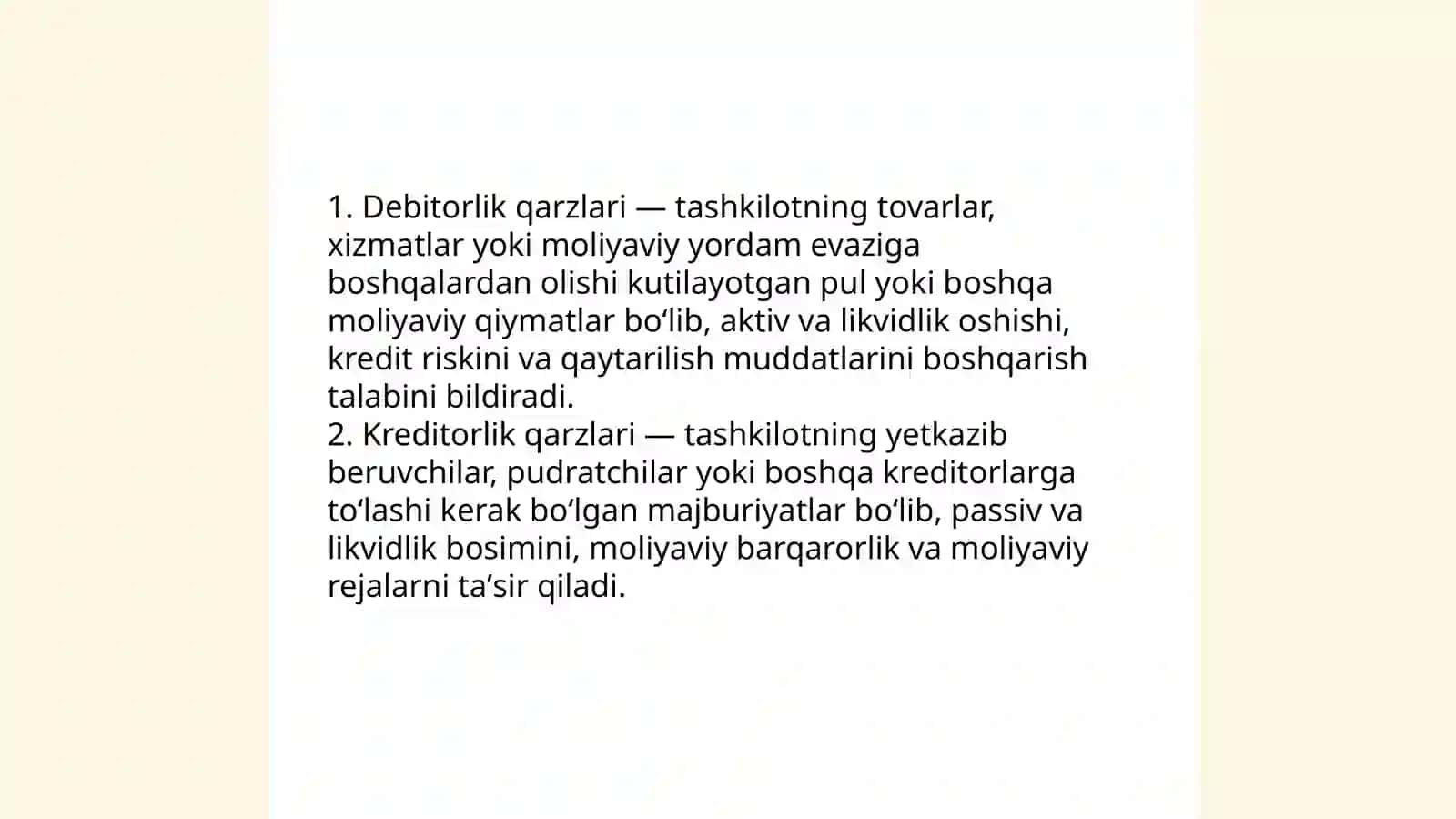 Debitorlik qarzlari va kreditorlik qarzlari mavzusi tahlili 3