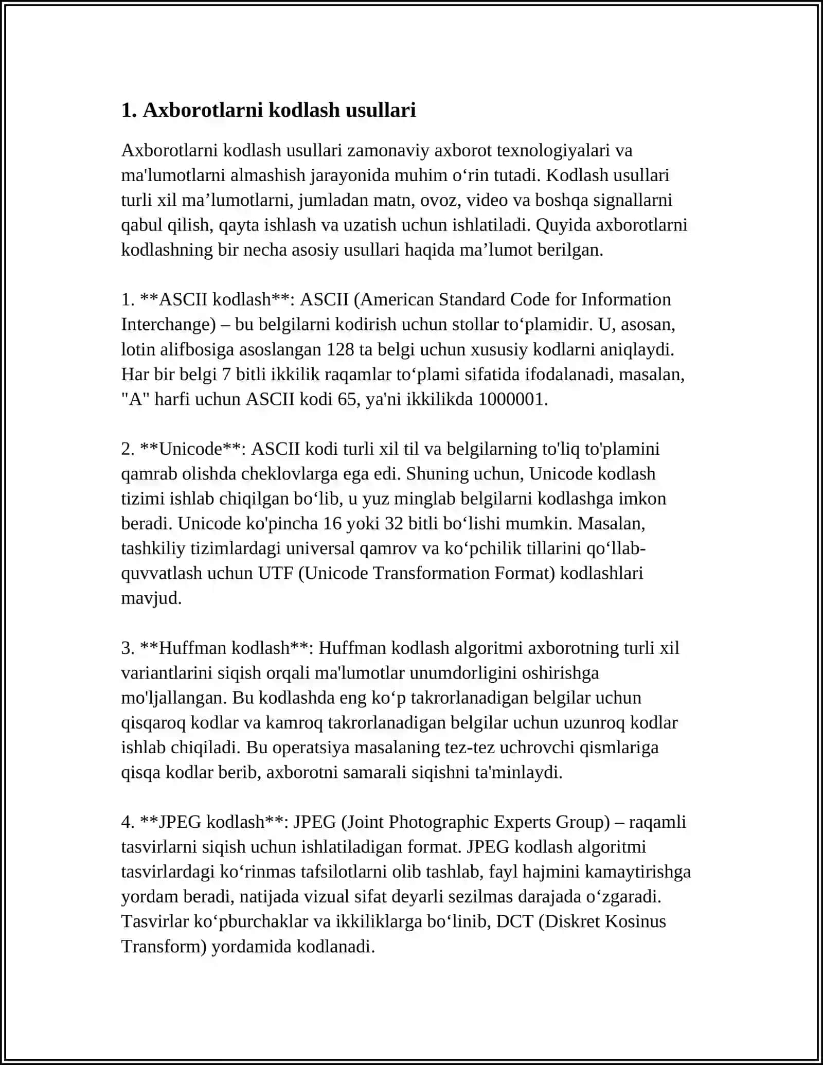 AXBOROTLARNI QAYTA ISHLASH LEXNOLOGIYALARI. AXBOROTLARNI KODLASH 3