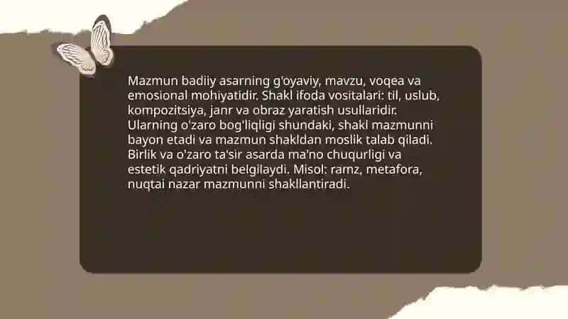 Badiiy asarda mazmun va shakl. Mavzu va g'oya 3