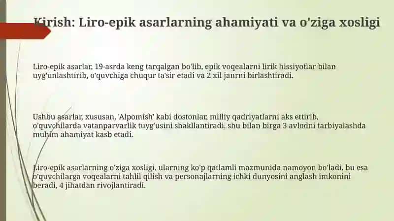 Boshligʻi sinfdallirov epic asarlar ustida ishlash uchun metodik tavsiyalar ishlab chiqish 3