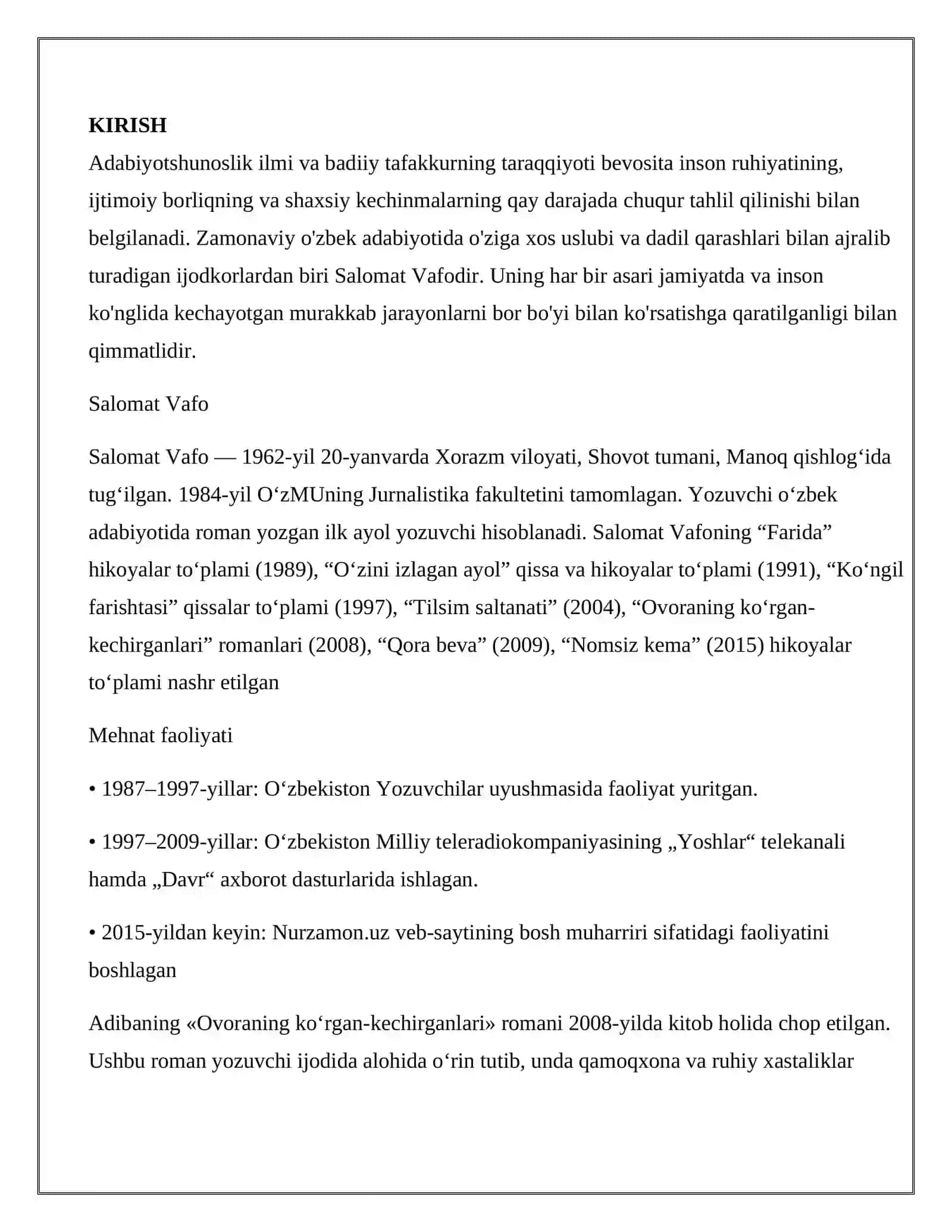 SALOMAT VAFONING "OVORANING KOʻRGAN-KECHIRGANLARI" ROMANI 3