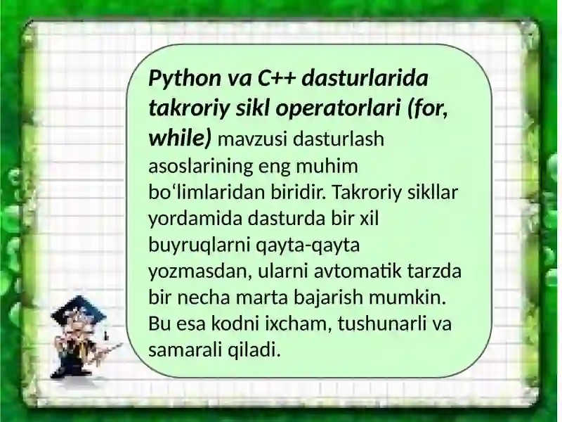 Python va C++ dasturlarida takroriy sikl operatorlari (for, while) 3