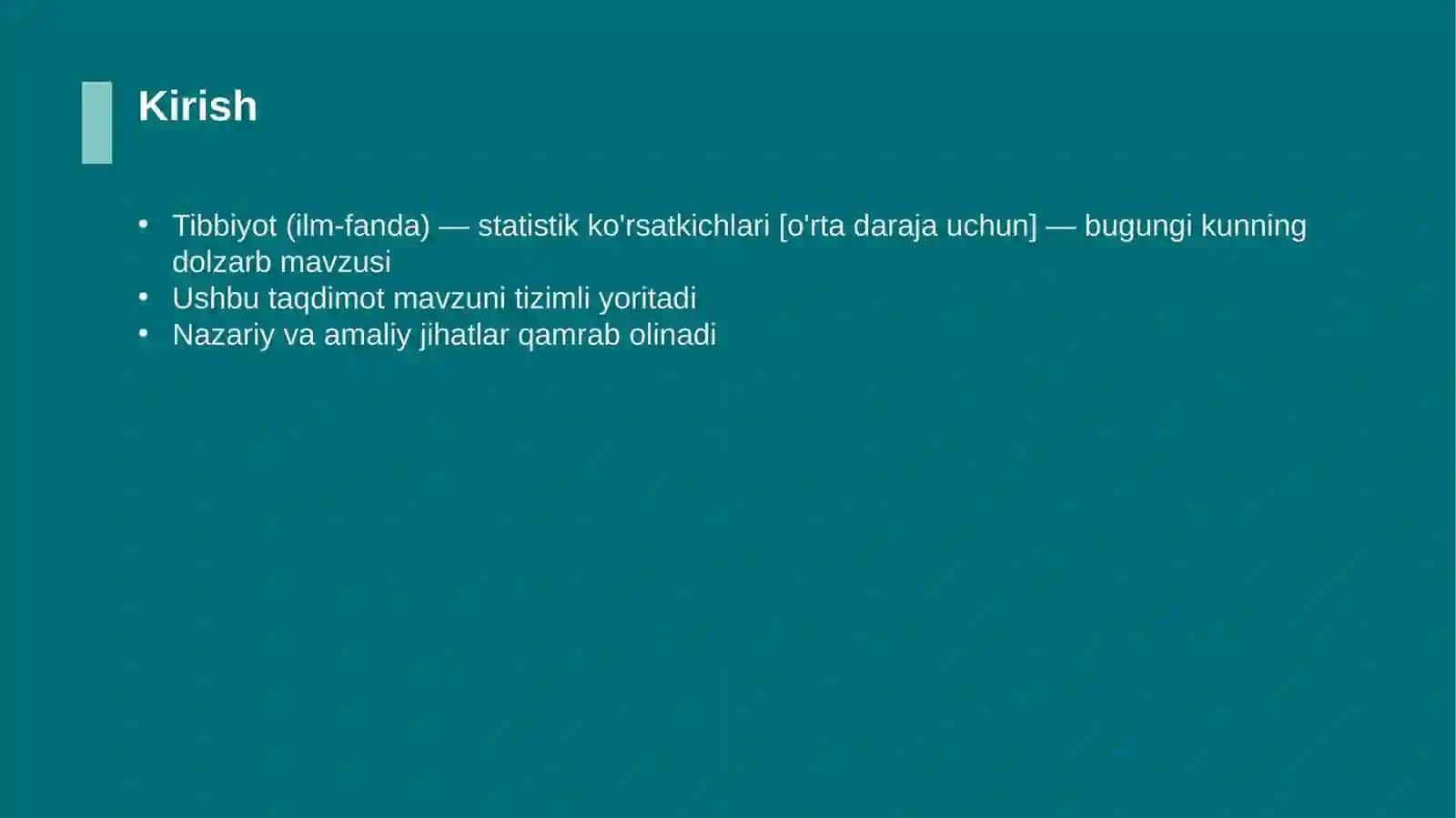 Tibbiyot (ilm-fanda) — statistik ko'rsatkichlari [o'rta daraja uchun] 3