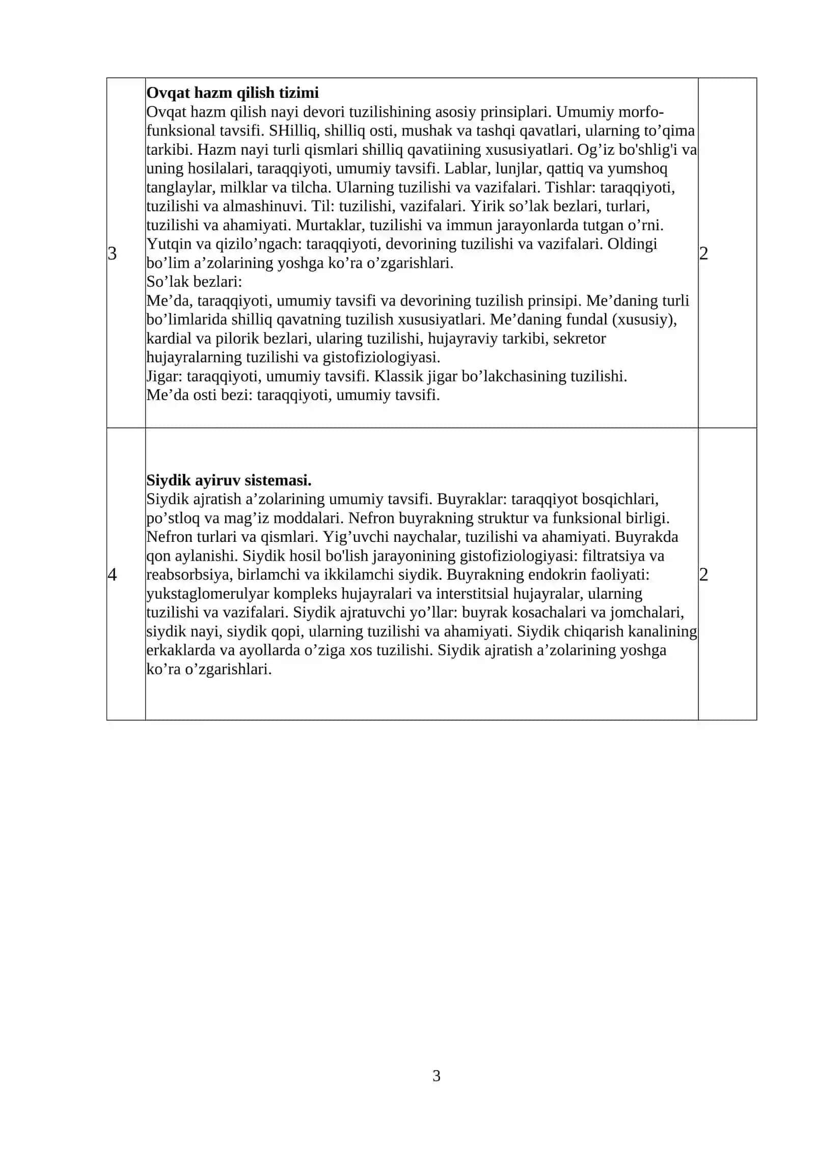 GISTOLOGIYA, SITOLOGIYA, EMBRIOLOGIYA FANI BO‘YICHA SILLABUS 3