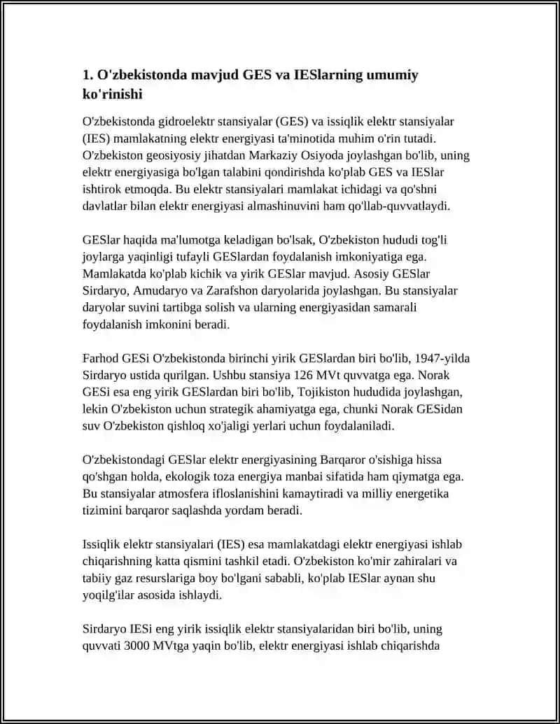 O'zbekistonda Mavjud GES va IESlar To'grisida Malumot 3