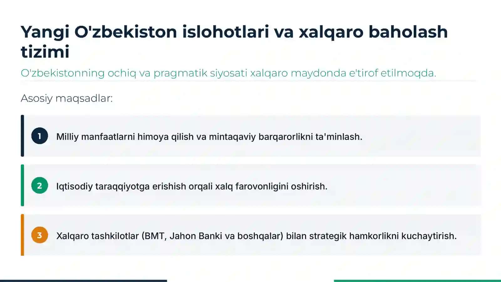 Yangi O'zbekistonning xalqaro reyting va indekslardagi o'rni 3