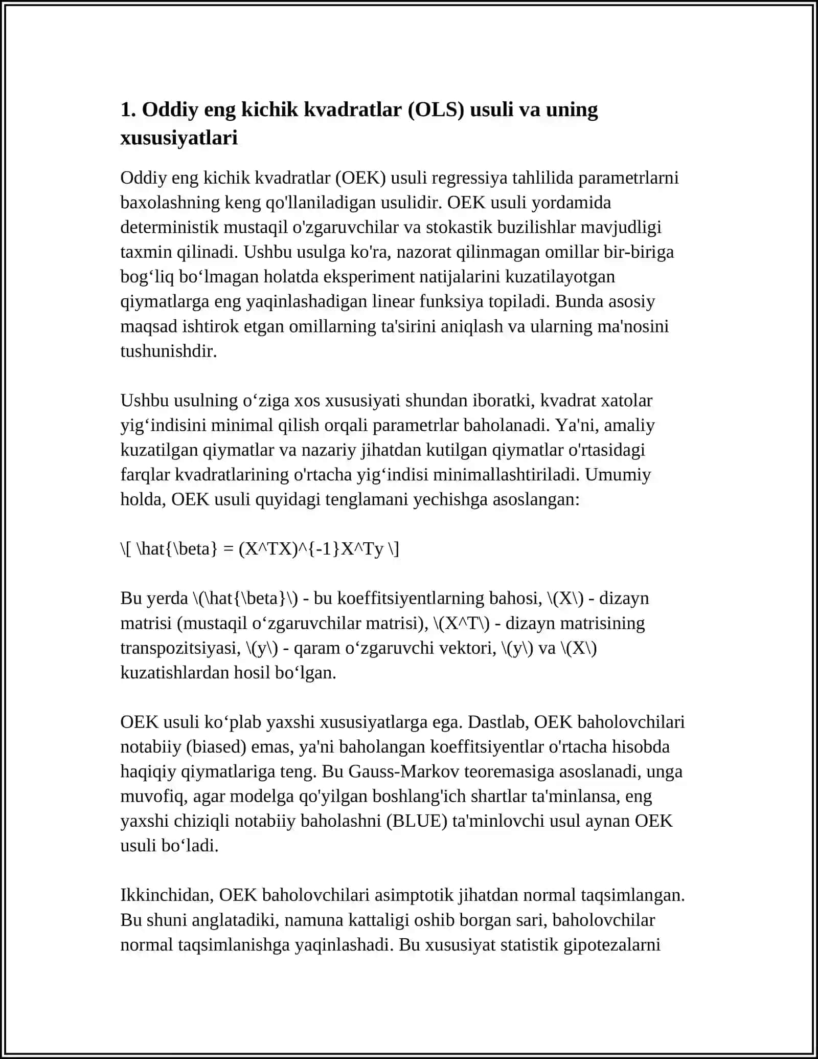 REGRESSIYA TENGLAMASIDA PARAMETRLARNI BAXOLASH USULLARI ( OLS, GLS VA BOSHQALAR) 3