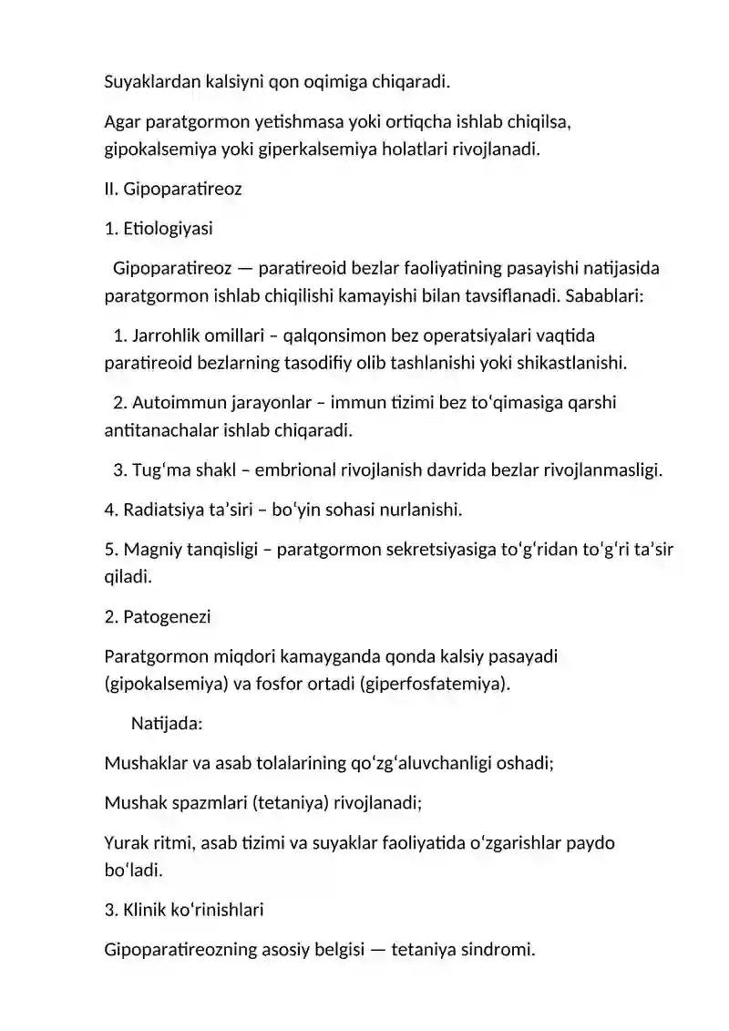Parateriod bezi kasalliklari. Gibi- va giperparateriodizm ( etilogiyasi patogenezi, klinikasi, tashxislash, qiyosiy tashxisqo'yish, davolash 3