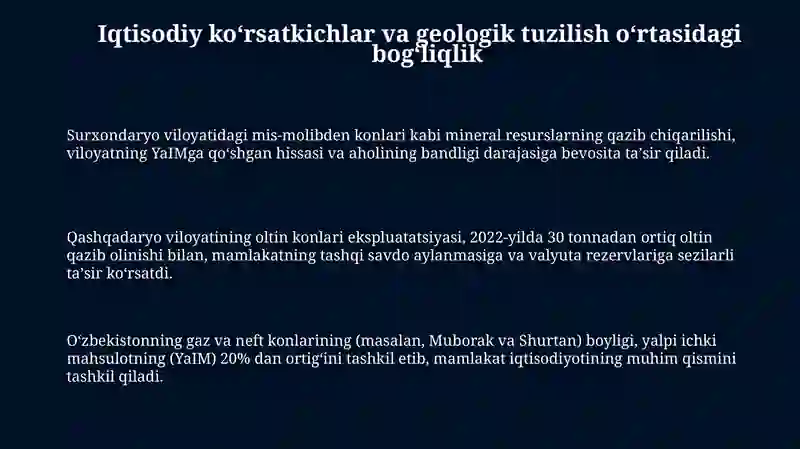 Oʻzbekistonning Umumiy Iqtisodiy Koʻrsatkichlari va Geologik Tuzuilishi 3