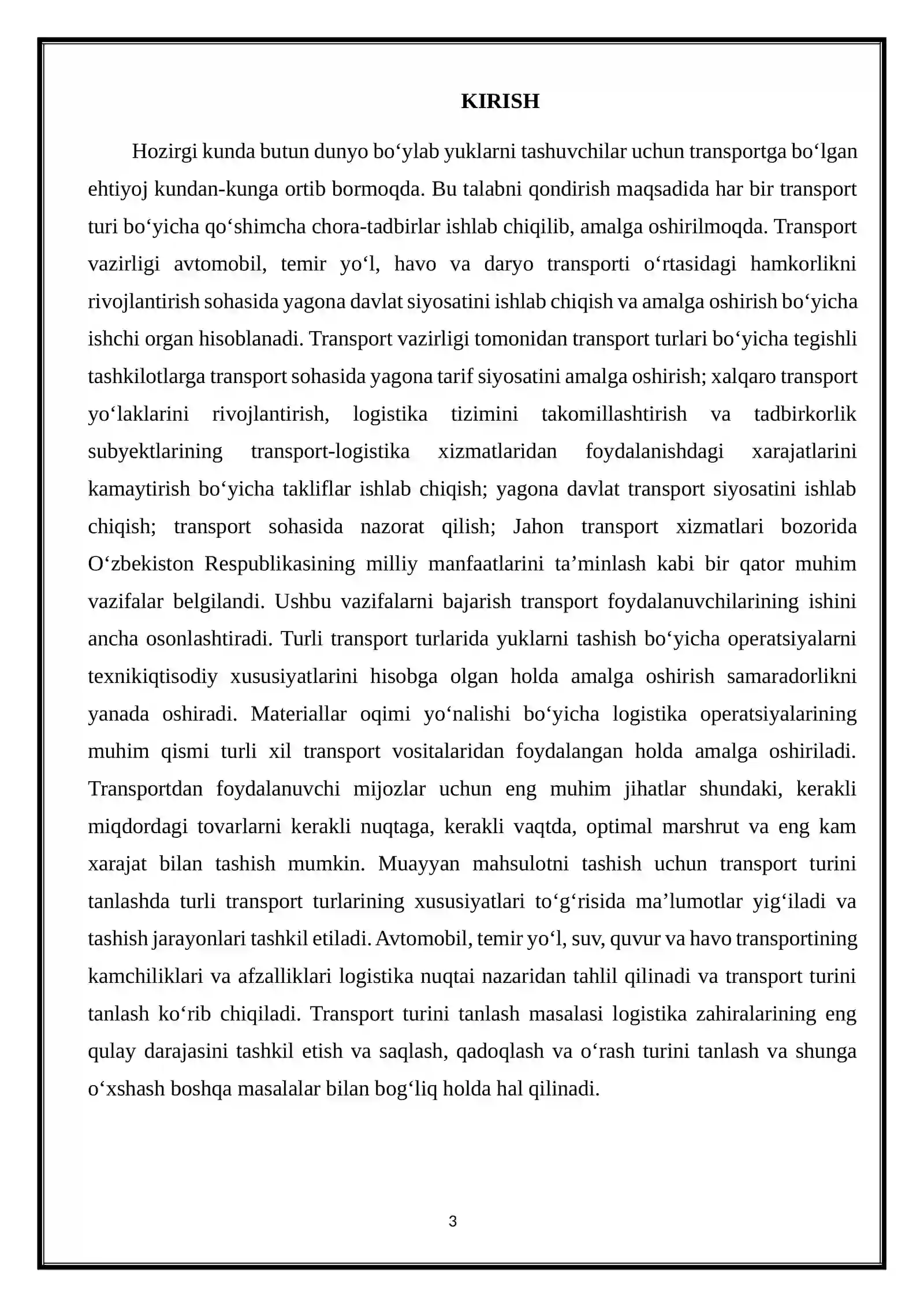 TRANSPORT LOGISTIKASI kurs ishi 3
