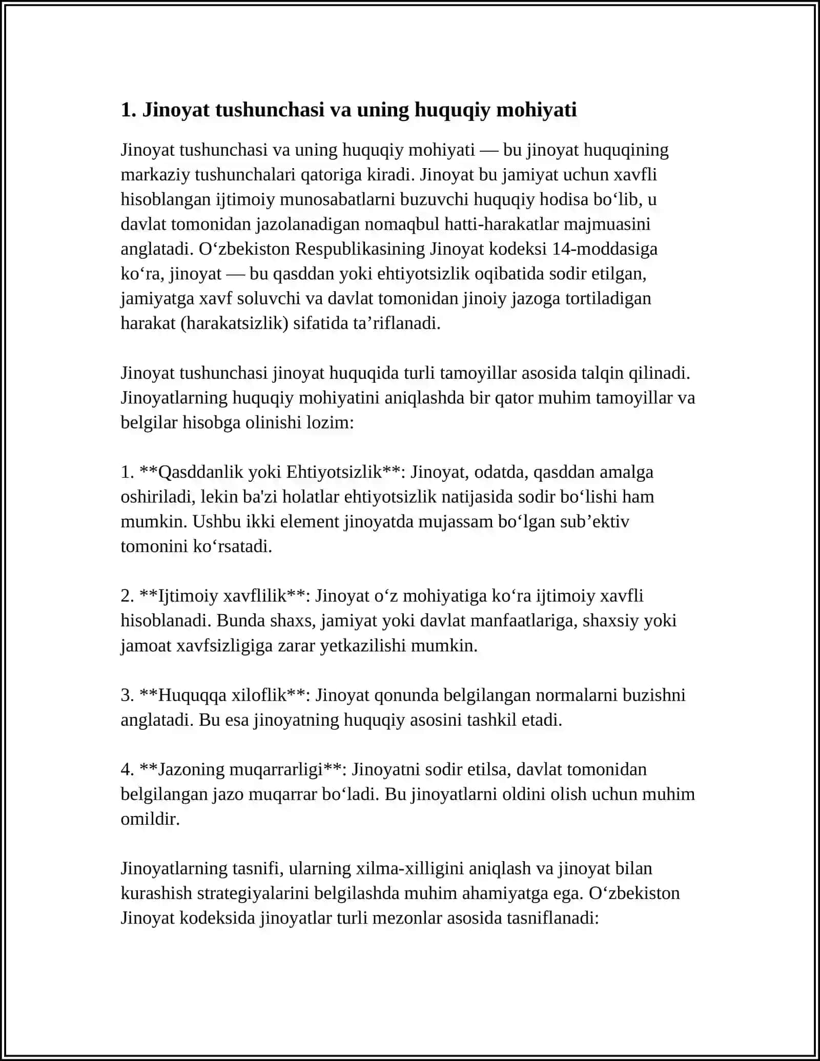 JINOYAT TUSHUNCHASI. JINOYATLARNI TASNIFLASH 3