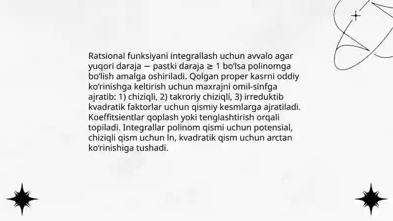 Kasr ratsional va ba'zi irratsional funksiyalarni integrallash 3