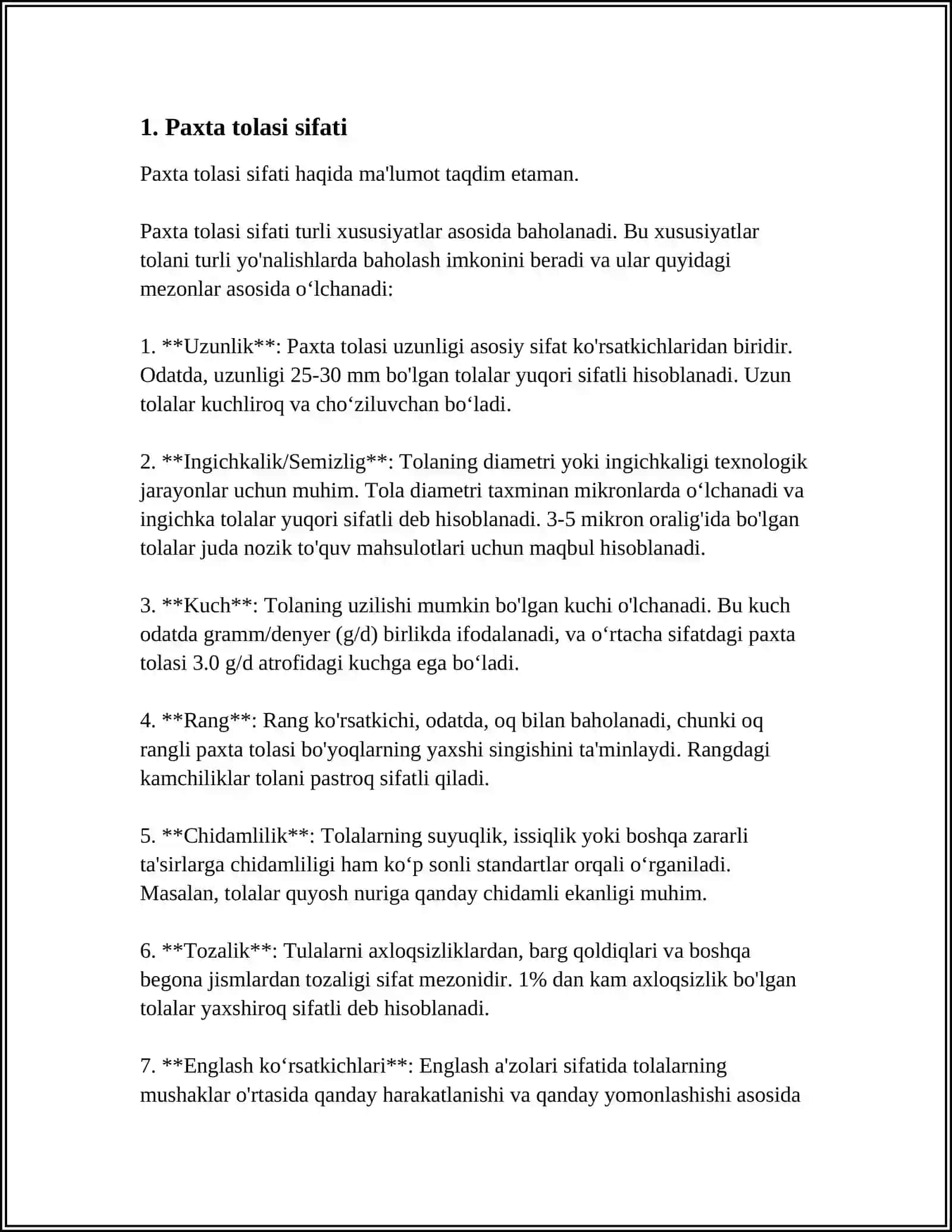 MUSTAQIL ISH Mavzu: PAXTA IPNING SIFATINI BELGILOVCHI STANDARTLAR 3