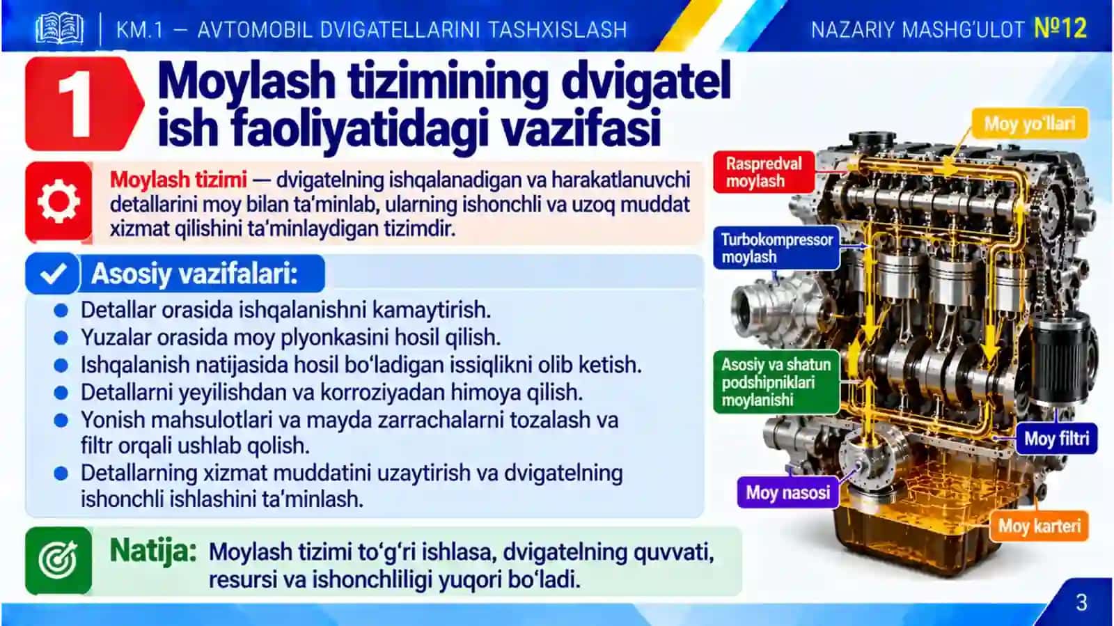 KM1_12-mavzu. Moy nasosi, filtr va moy bosimi bilan bog‘liq nosozliklar 3