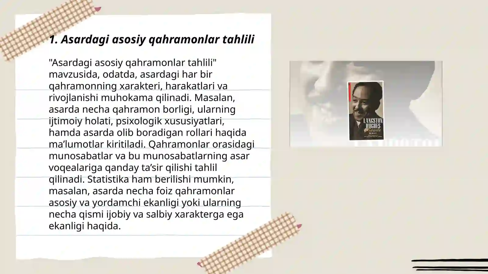 Lengston Hyuz: «Rahmat sizga, xonim» hikoyasi: Asar qahramonlari tavsifi 3