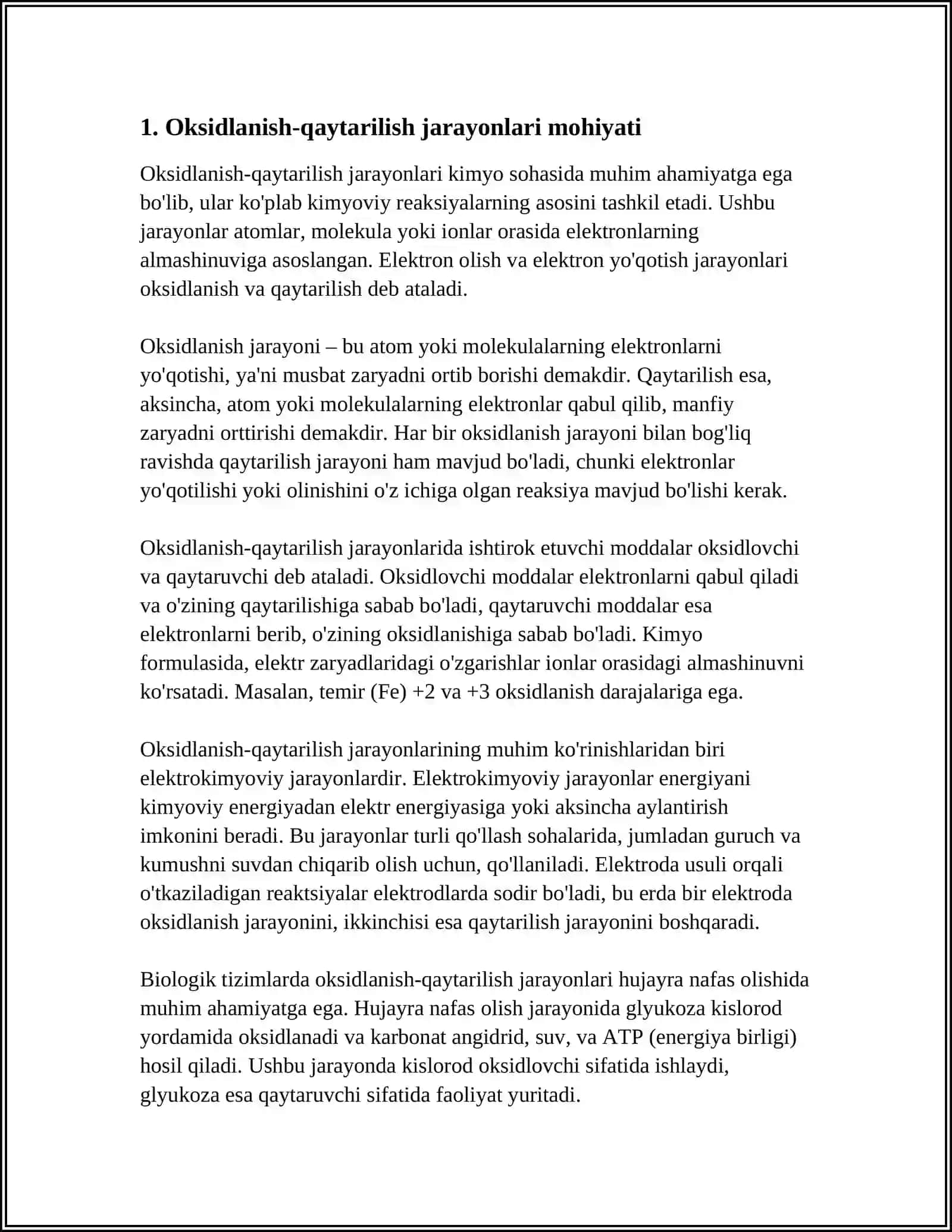 MUSTAQIL ISH Mavzu: OKSIDLANISH-QAYTARILISH JARAYONLARINING NAZARIY ASOSLARI 3