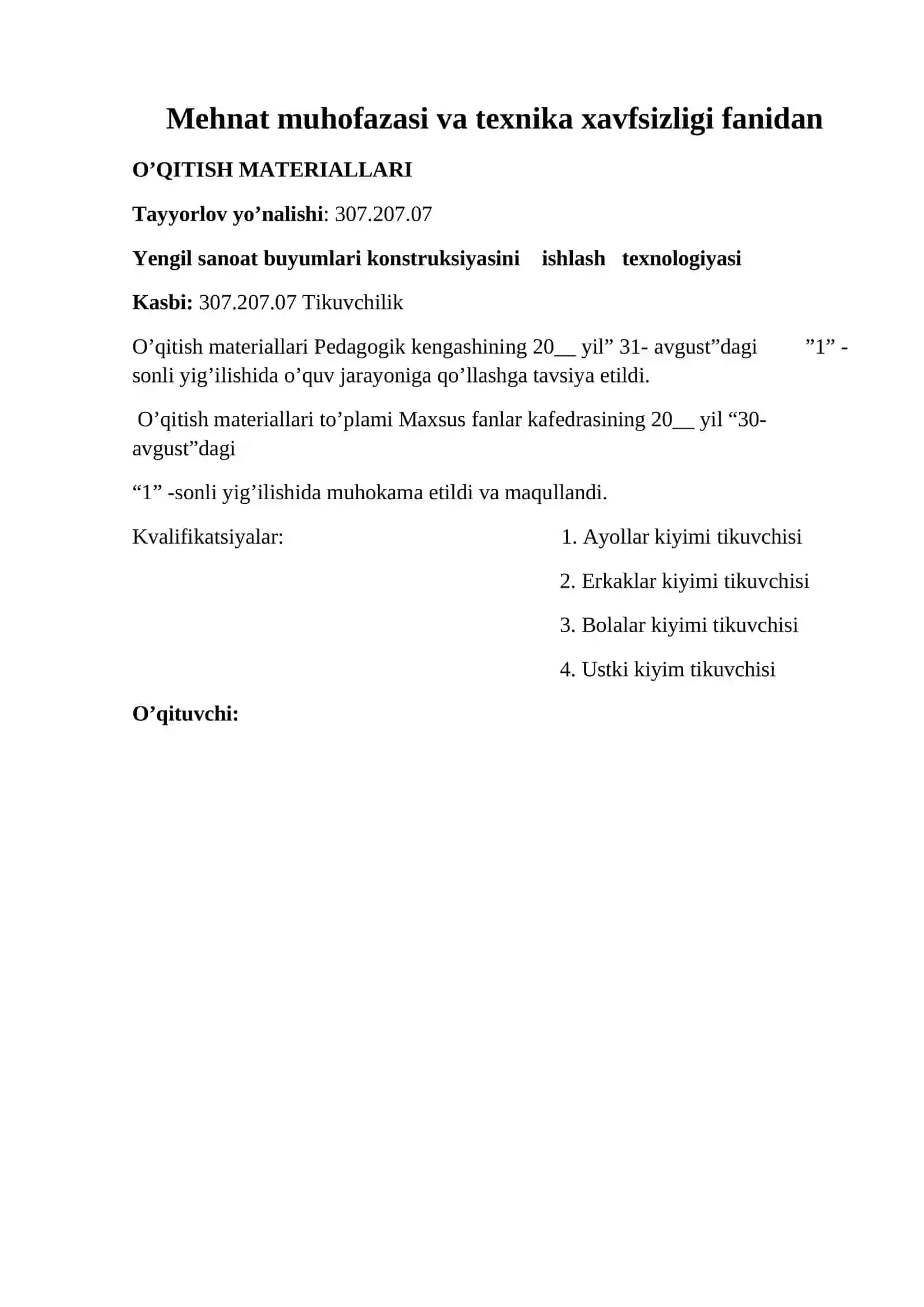 Mehnat muhofazasi va texnika xavfsizligi fanidan O’QITISH MATERIALLARI 3