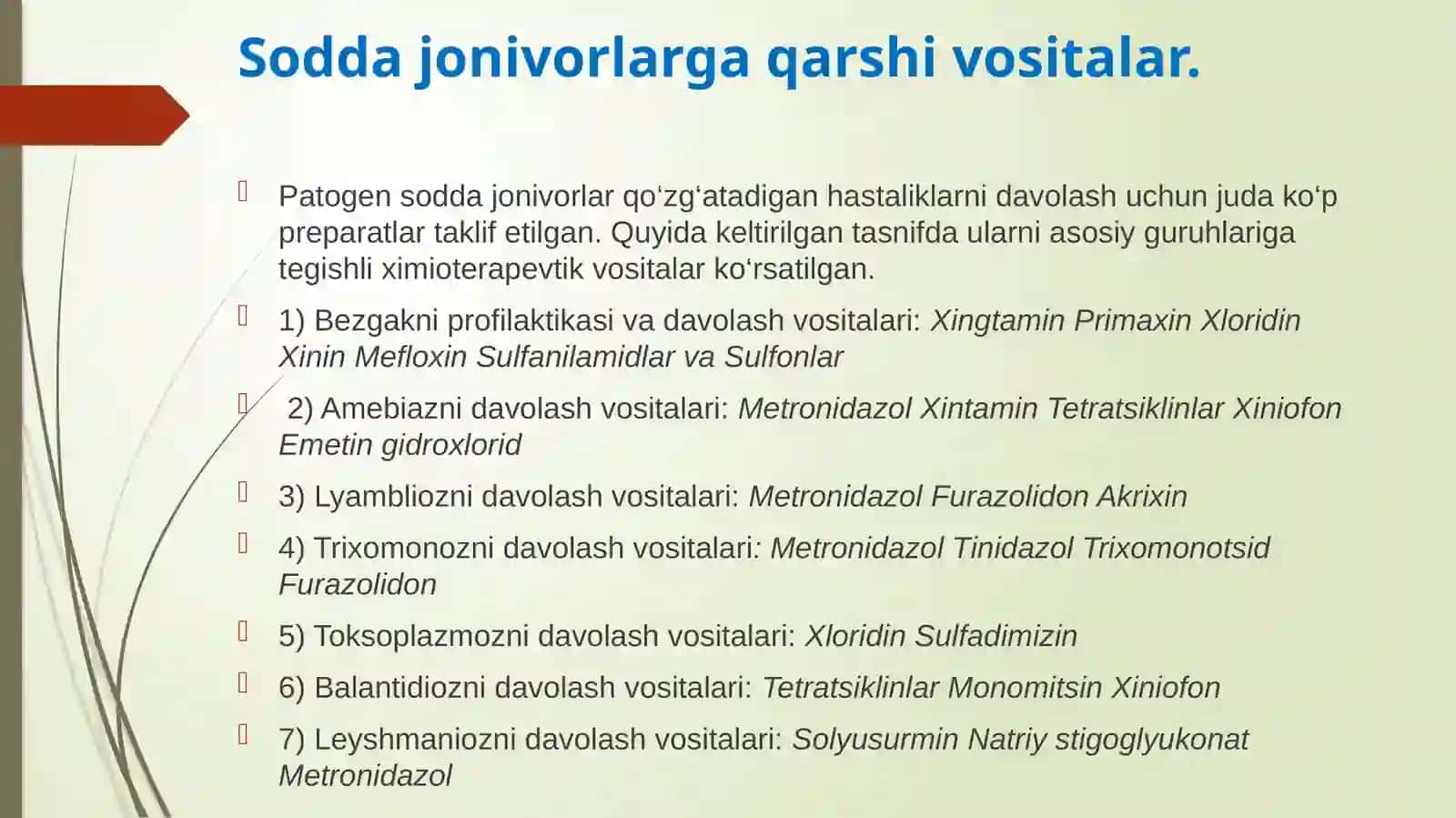 Mavzu: Soddajonivorlarga qarshi vositalar. Sulfanilamid preparatlari 3