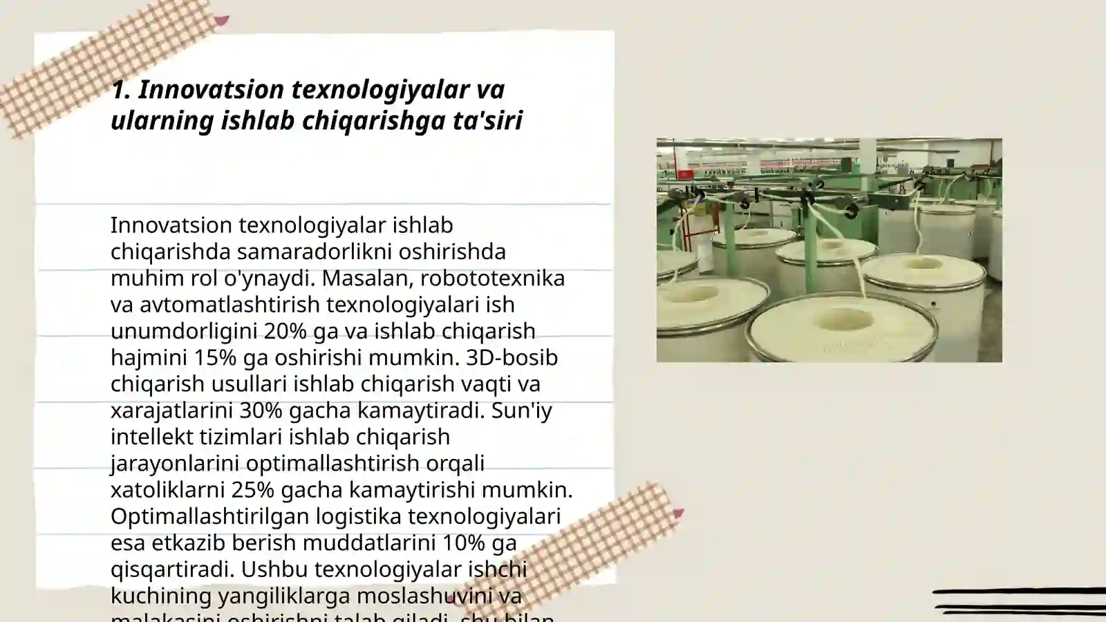 Ishlab chiqarishda fan-texnika taraqqiyotini jadallashtirish omillari va istiqboli. Zamonaviy texnologiyalar va yangi materiallar 3
