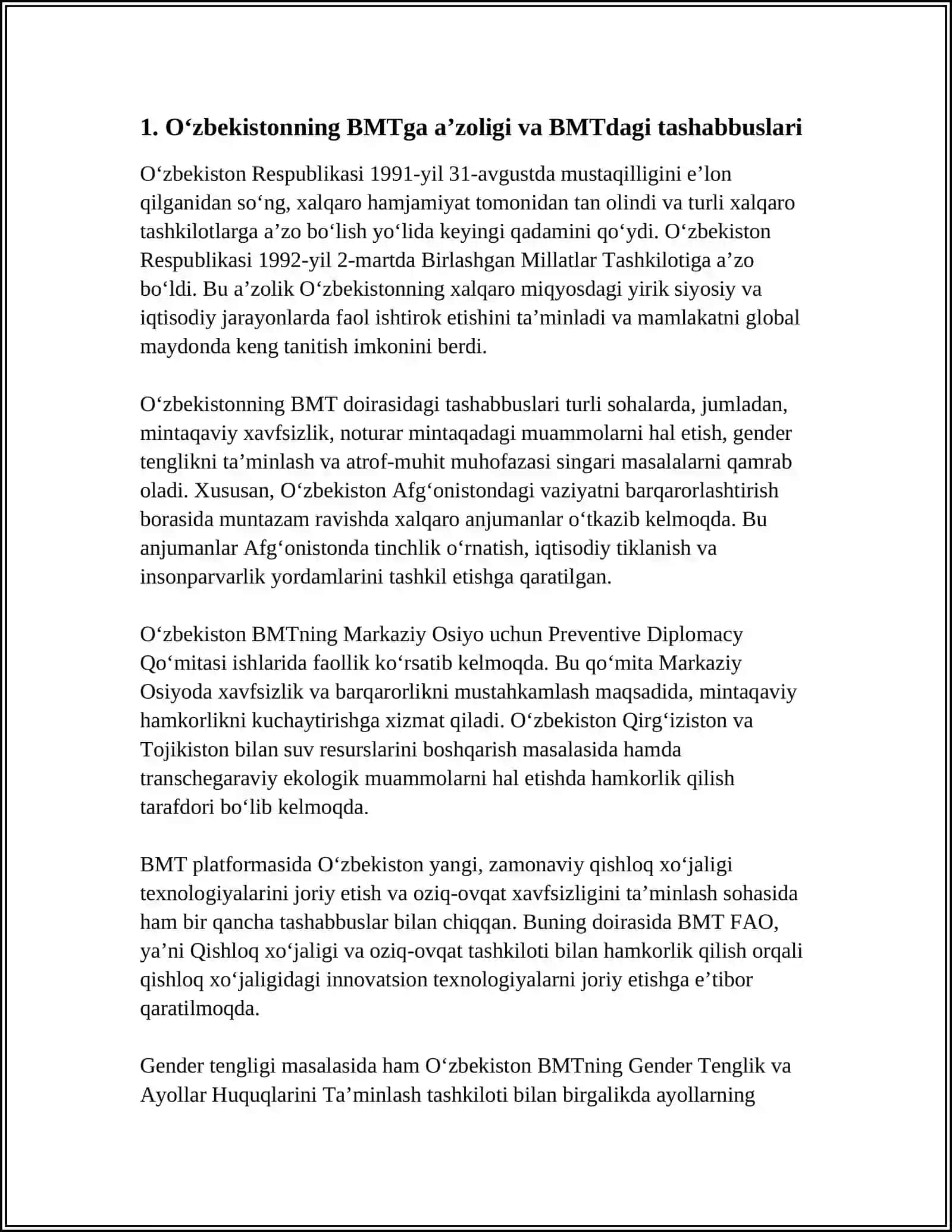 ÒZBEKISTON RESPUBLIKASI XALQARO TASHKILOTLARGA A'ZOLIGI VA JAXON SIYOSIY MAYDONDAGI OʻRNI 3