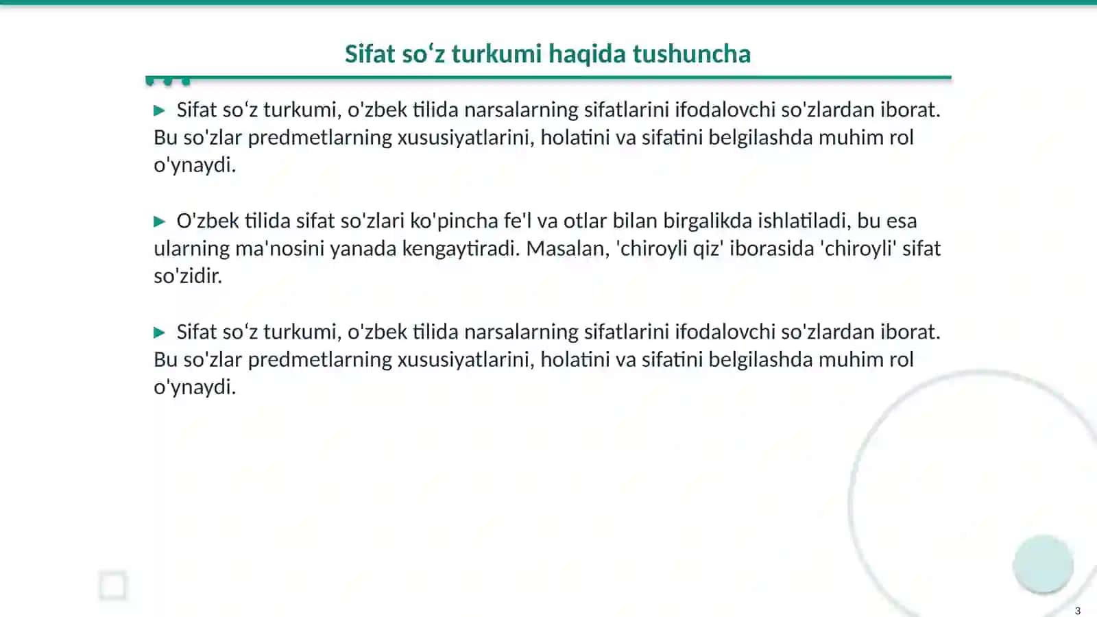Oʻzbek tili tarixi fanidan Sifat soʻz turkumi 3