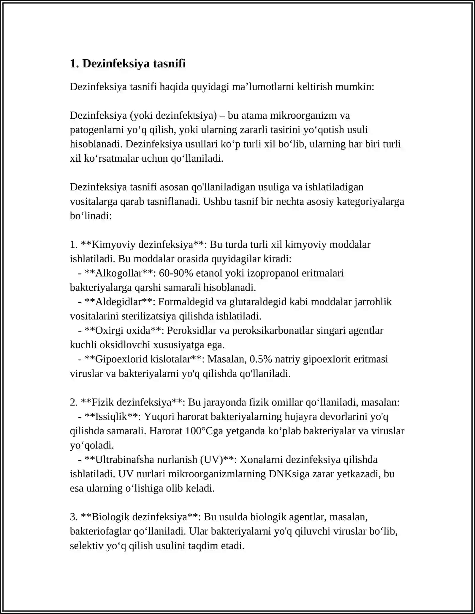 DEZINFEKSIYA TASNIFI. DEZINFEKSIYA TURLARI. ASBOB-ANJOMLAR DEZINFEKSIYASI 3