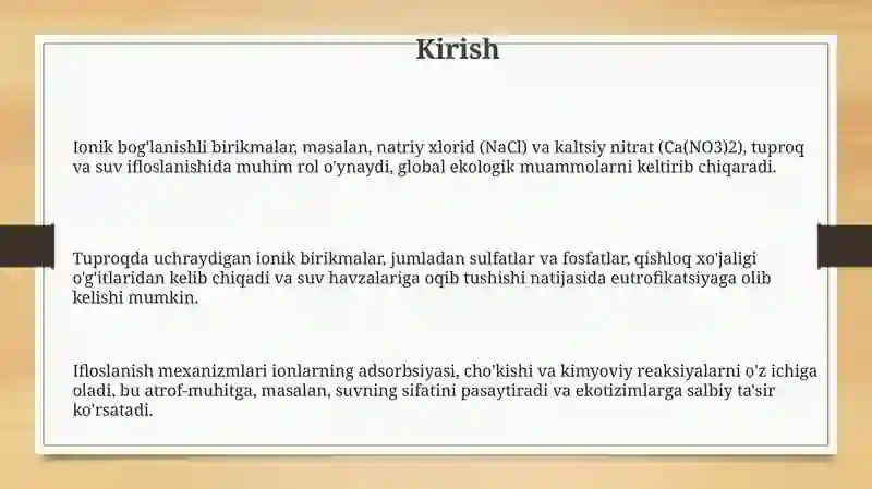 Tuproq va Suv Ifloslanishida Ion Bog'lanishli Birikmalar 3