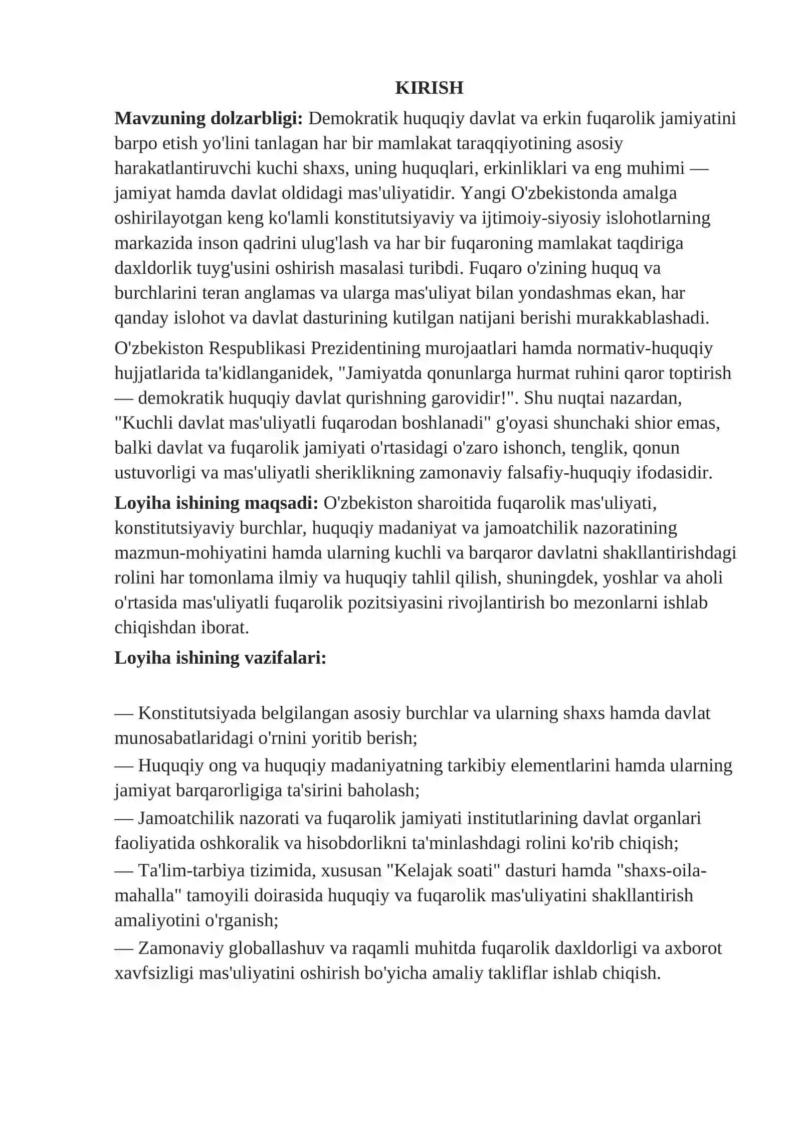 "Kuchli davlat mas'uliyatli fuqarodan boshlanadi: O'zbekistonda fuqarolik mas'uliyati, huquqiy madaniyat va davlat taraqqiyoti o'rtasidagi o'zaro bog'liqlik" 3
