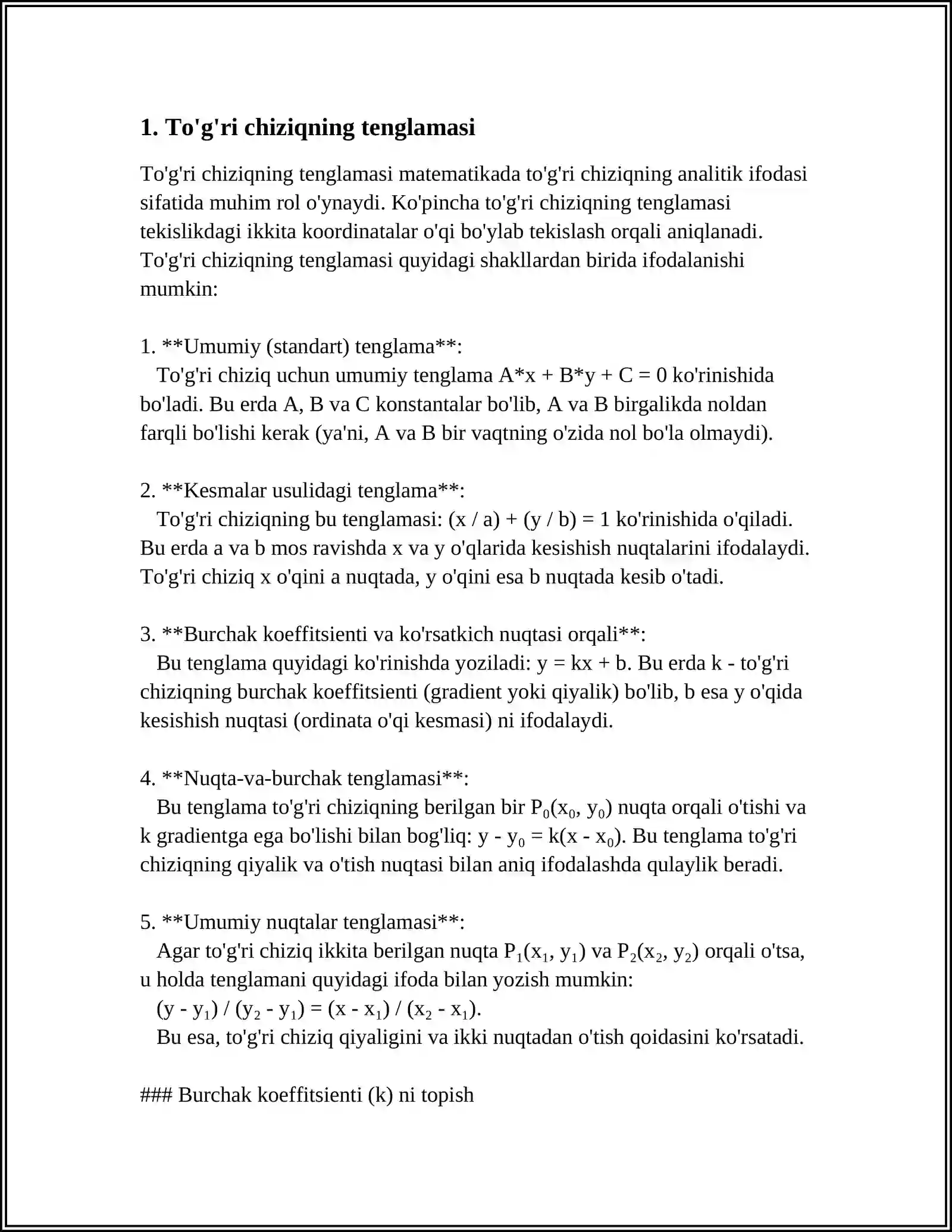 TÒĜRI CHIZIQNING TEKISLIKDAGI TENGLAMALARI. TOĜRI CHIZIQLAR DASTASI TENGLAMASI 3
