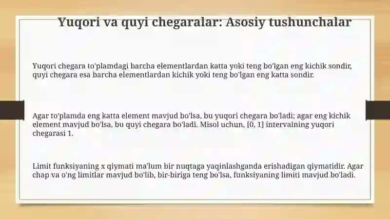 Yuqori va quyi limitlar. Limitlarga doir tushunchalarni oʻrgatish va ularga misollar keltirish 3