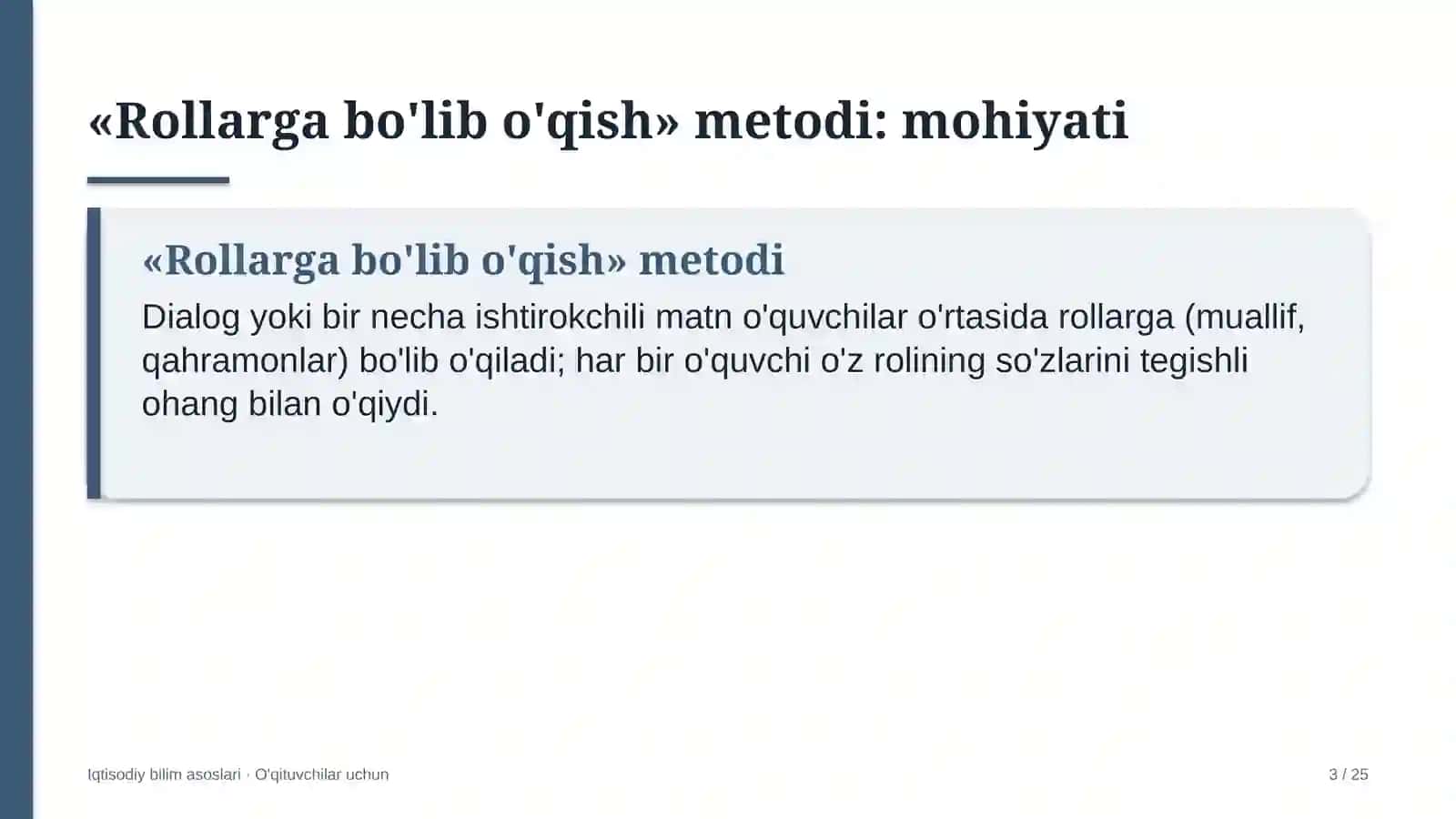 iqtisodiy bilim asoslari darslarida rollarga bo'lib o'qish metodidan foydalanish 2710 3