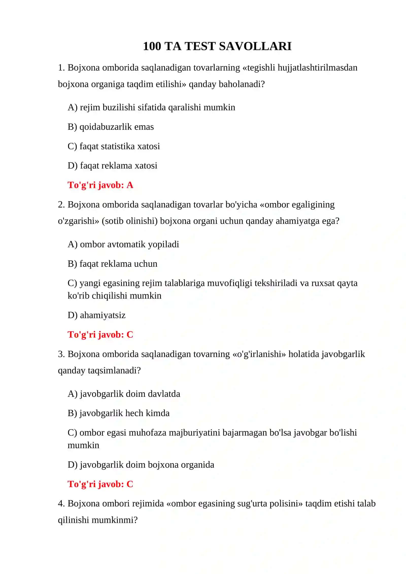 BOJXONA OMBORI 100 TA TEST 3