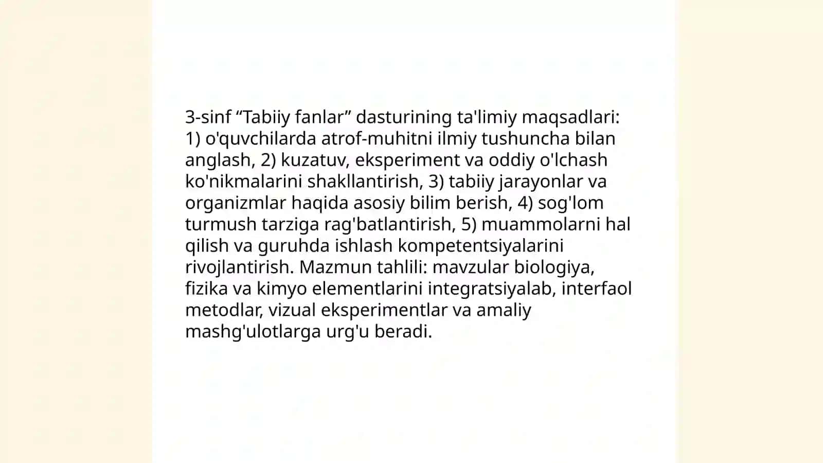 3-sinf  Tabiiy fanlar  dasturi va darsligini órganish ,darsni kuzatish va tahlil qilish 3