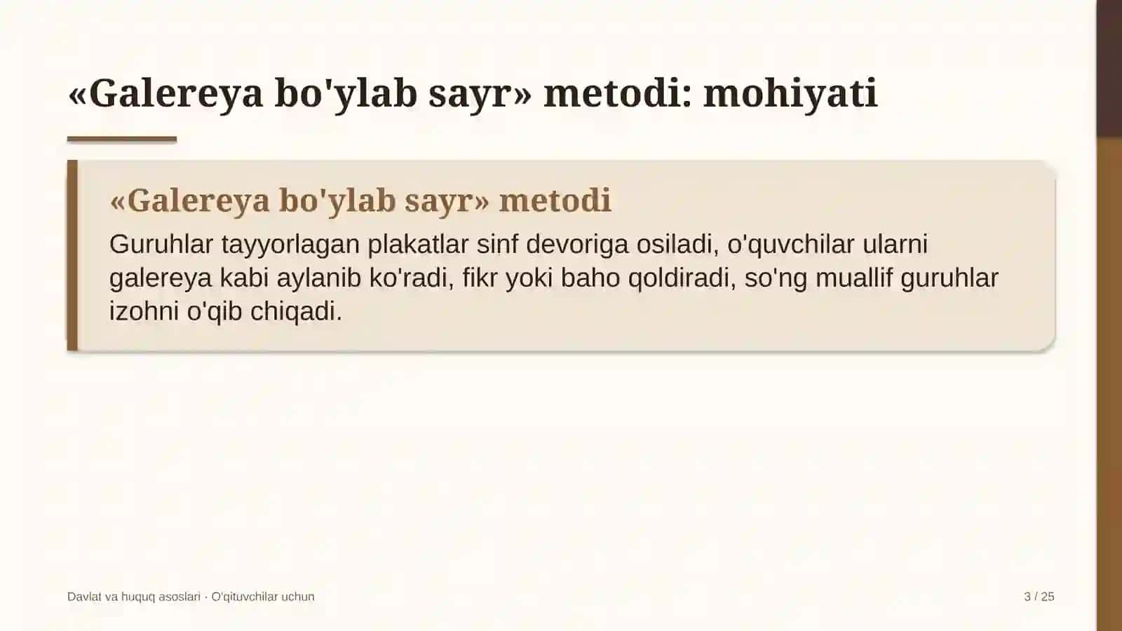 davlat va huquq asoslari darslarida galereya bo'ylab sayr metodidan foydalanish 8337 3