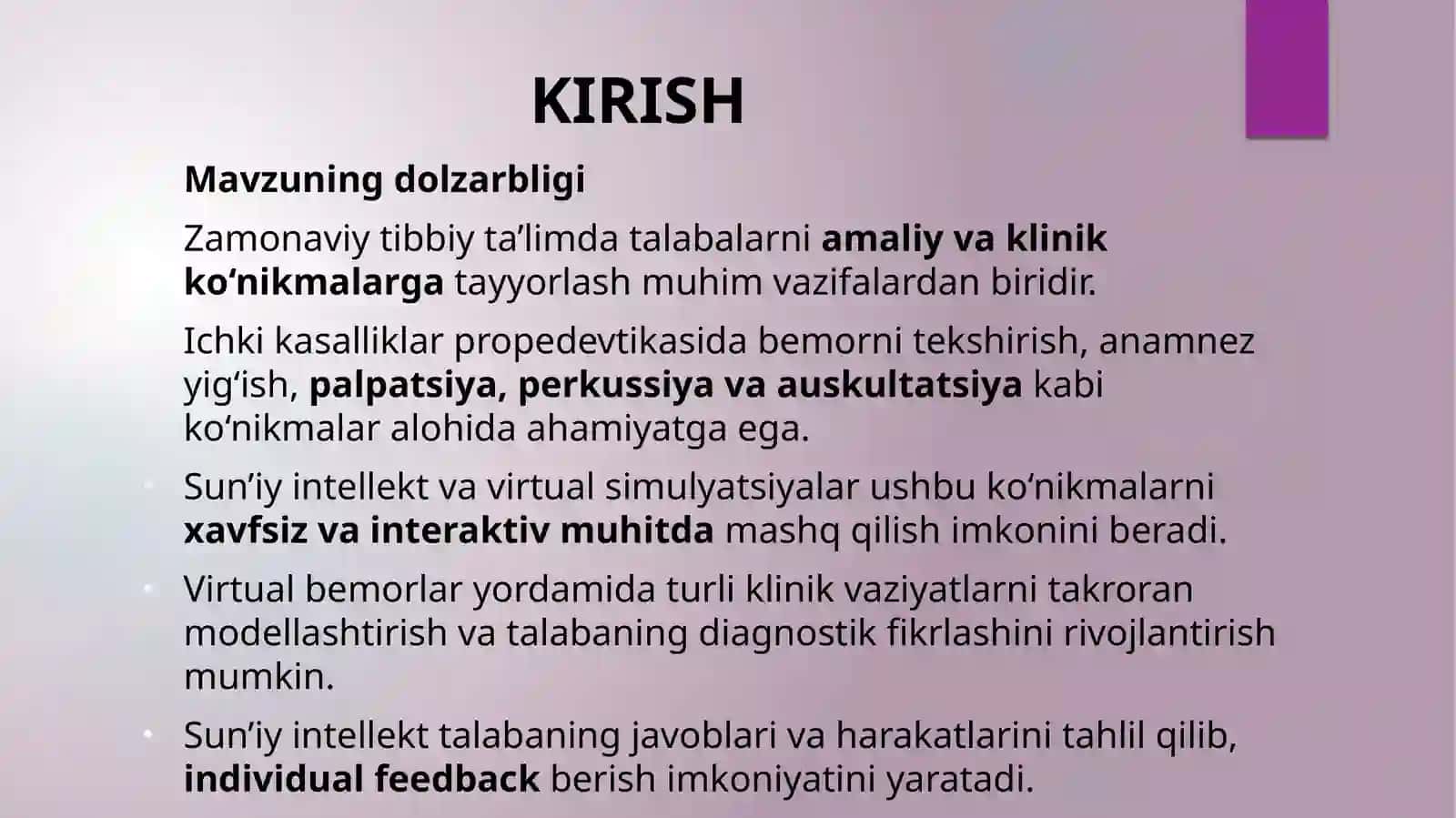 Sun`iyintellektyordamidata`limmaqsadlaridatalbalarnivirtualo`qitishdasimulyatsiyalaryordamidaorqalidiagnostikko`nikmalarnio`rgatishvaklinikqarorlarqabulqilish 3